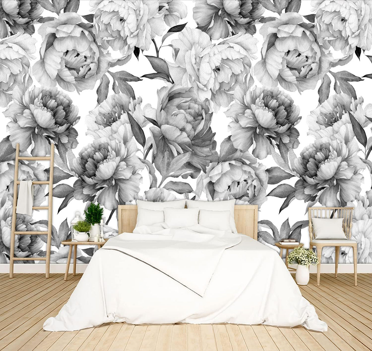 Grey Peony Floral Wallpaper Bedroom Black and White Botanical Flowers Leaf murals Aesthetic Room Decor Living Room tv Background Large Wall Mural - 91"x65" Not Peel and Stick