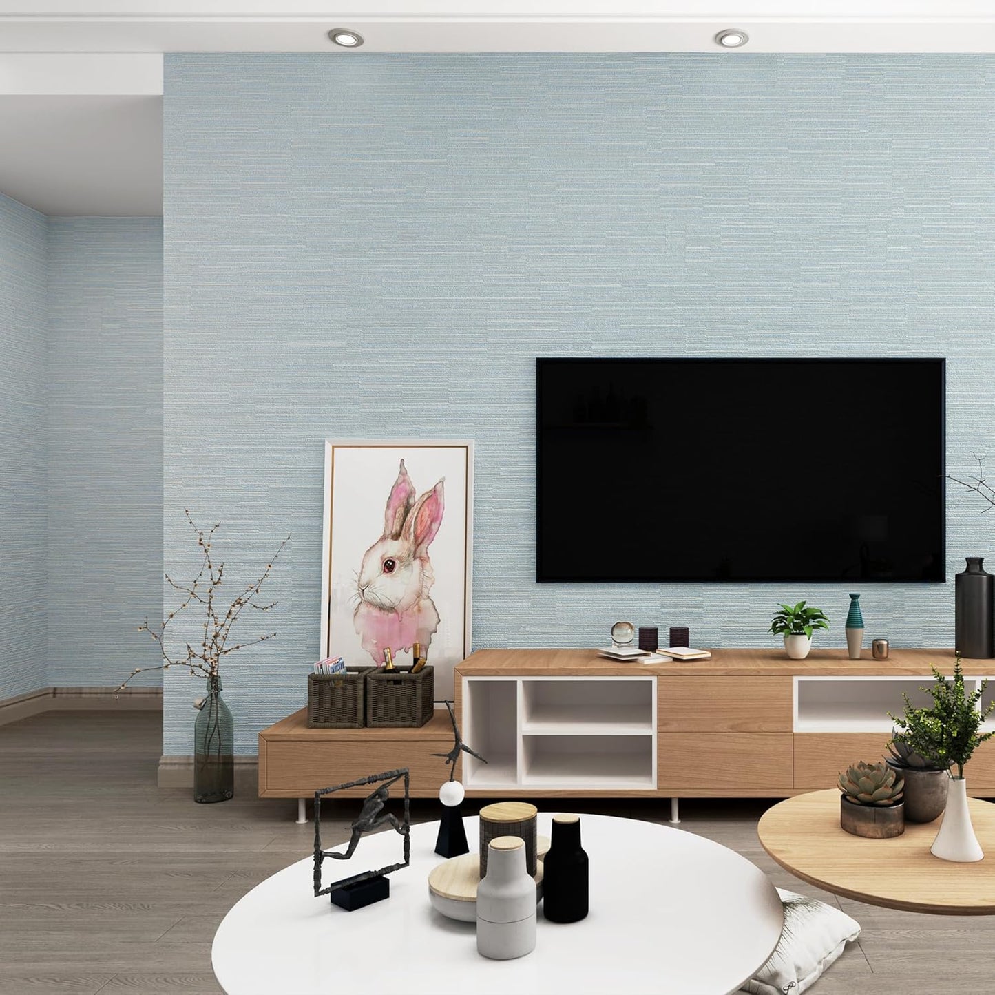 Haimin Grasscloth Wallpaper Peel and Stick 20.9in X 393in Fabric Contact Paper Wall Paper Textured Wallpaper Horizontal Stripes Look Self-Adhesive Thick Vinyl Embossed (Light Blue)