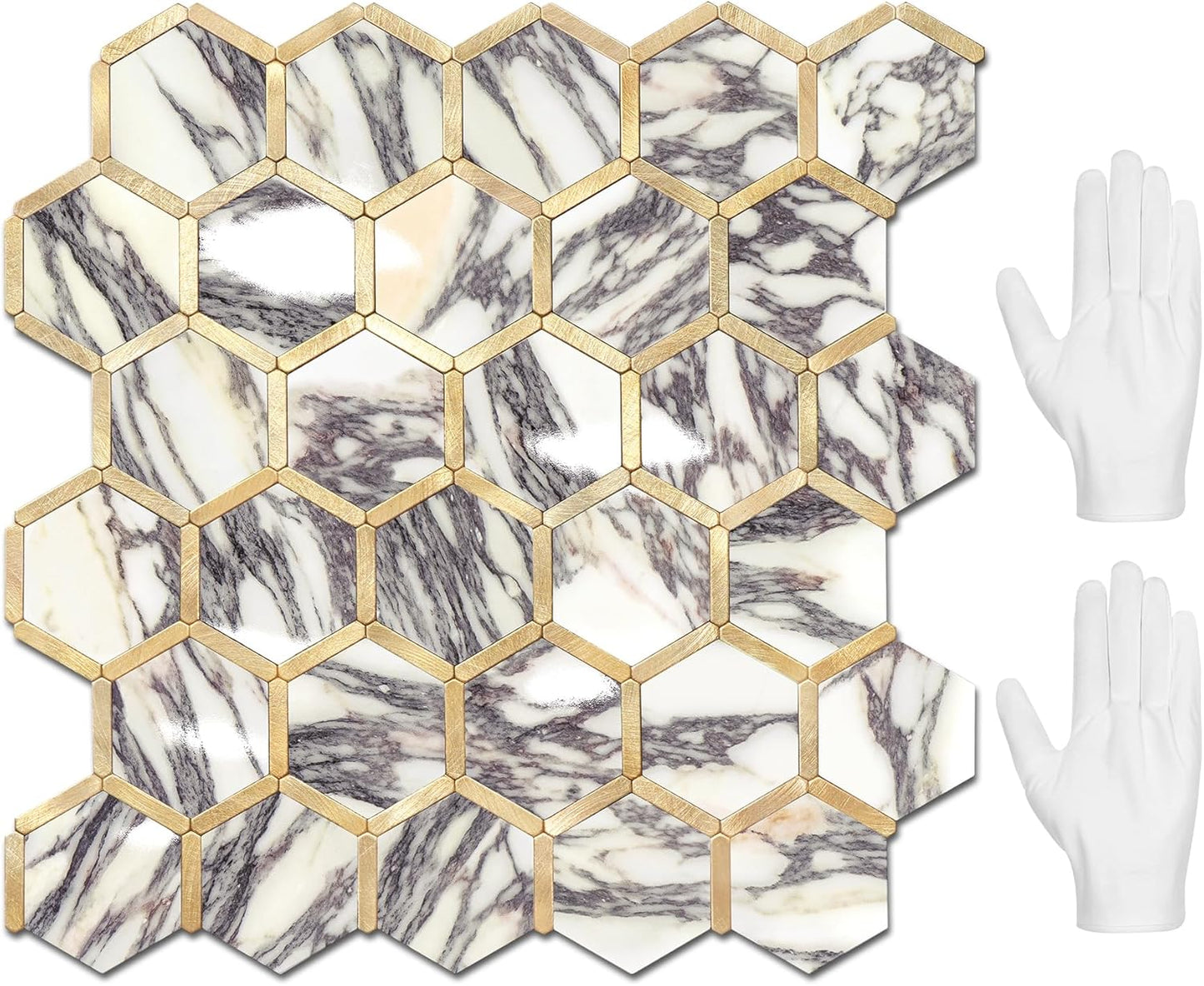 STICKGOO Hexagon Peel and Stick Backsplash Tile, Stick on Backsplash for Kitchen and Bathroom, Beige Marble Look PVC Mixed Metal Gold Self Adhesive Wall Tiles(10 Sheets, Seamless)