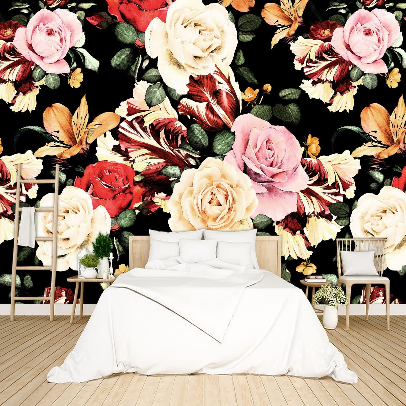 Grey Peony Floral Wallpaper Bedroom Black and White Botanical Flowers Leaf murals Aesthetic Room Decor Living Room tv Background Large Wall Mural - 91"x65" Not Peel and Stick