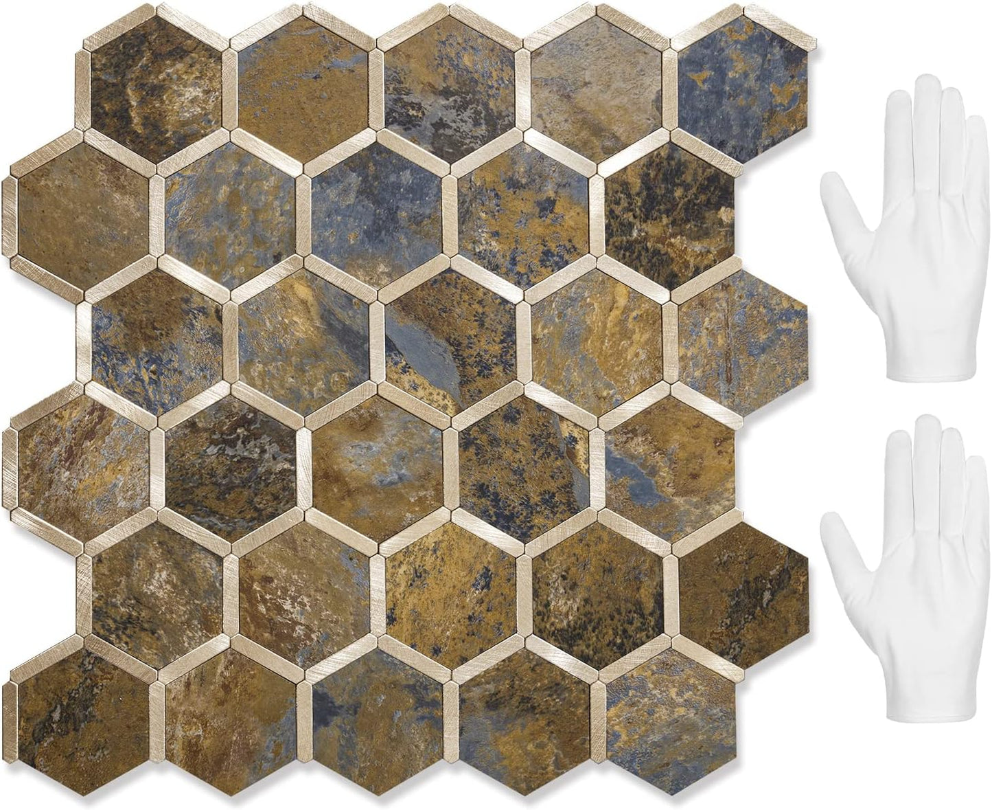 STICKGOO Hexagon Peel and Stick Backsplash Tile, Stick on Backsplash for Kitchen and Bathroom, Beige Marble Look PVC Mixed Metal Gold Self Adhesive Wall Tiles(10 Sheets, Seamless)