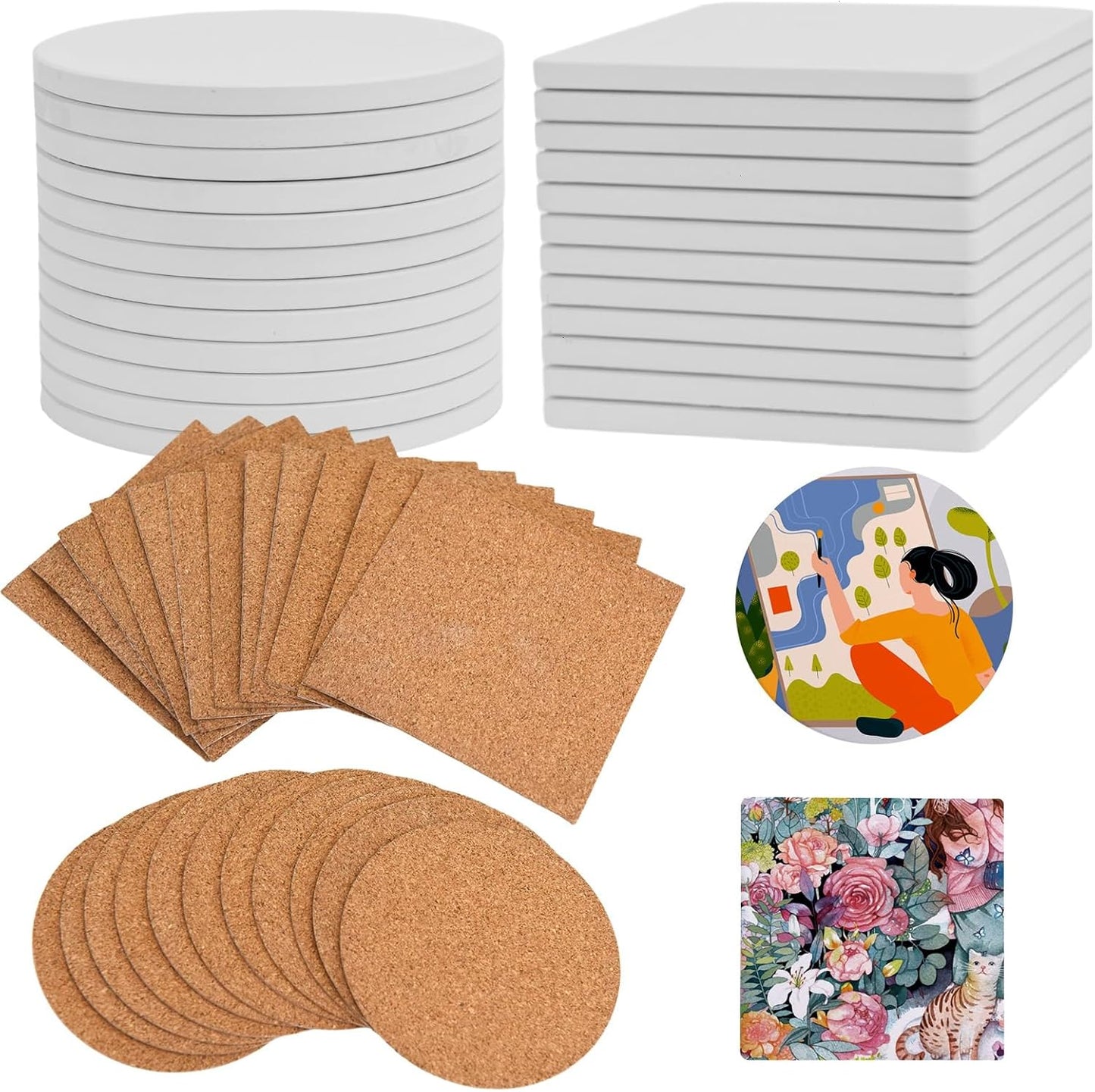 24 Pcs Ceramic Tiles for Crafts Ceramic Coasters for Crafts Blank White Unglazed Ceramic Tile for Painting, Alcohol Ink, Acrylic Pouring - DIY Coaster - Cork Backing Pads Included (4x4 inch)