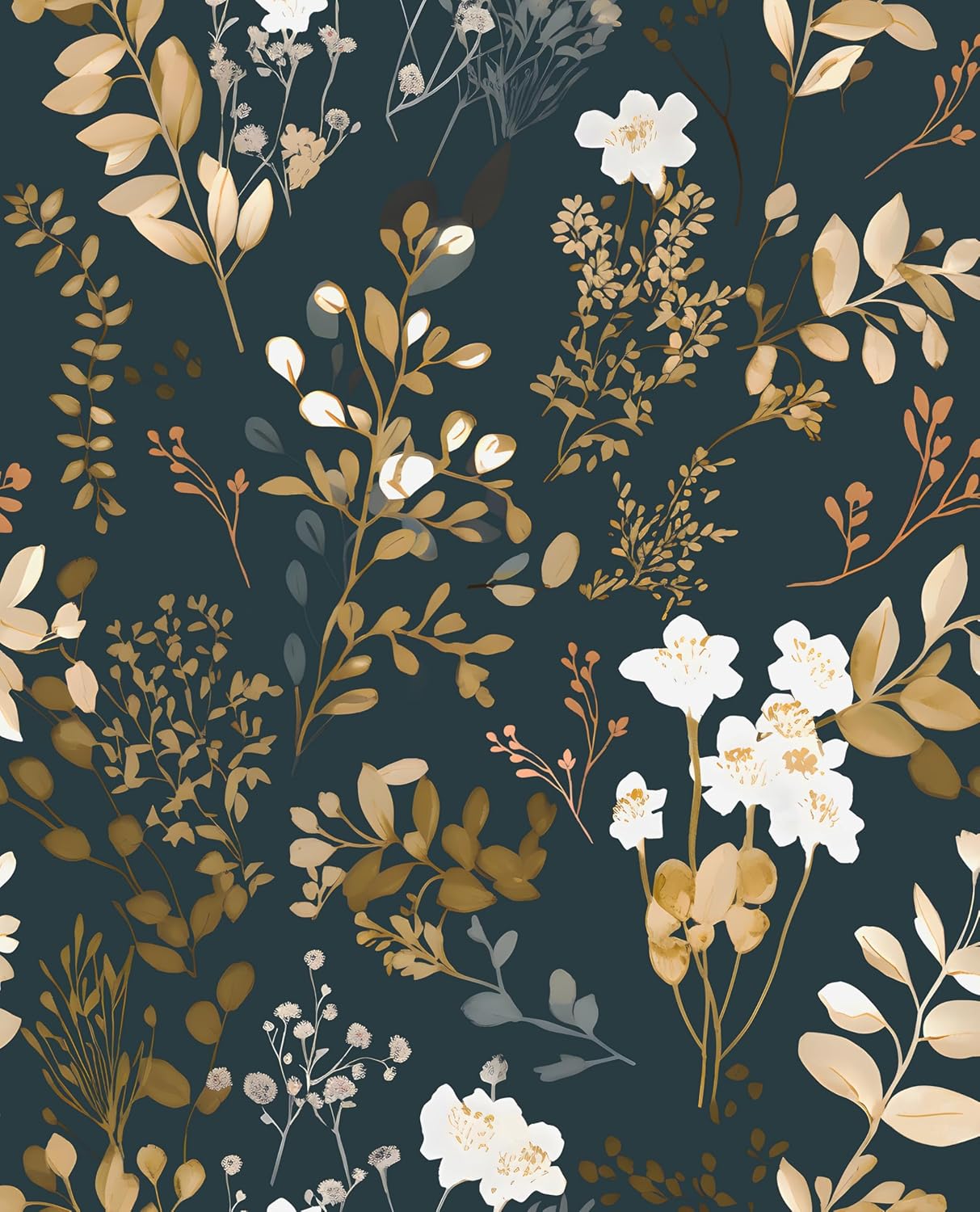 Goth Wallpaper Peel and Stick Dark Floral Wallpaper 17.5'' x 393'' Gold Leaf Contact Paper Vinyl Waterproof Self Adhesive Boho Botanical Wall Paper for Bedroom Cabinet Décor