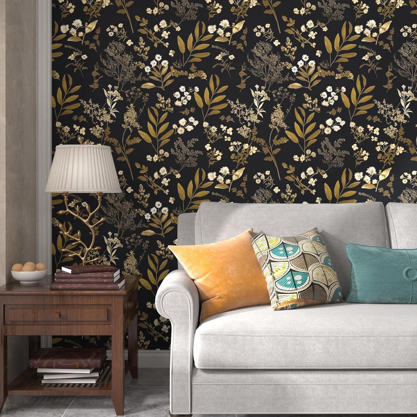 Goth Wallpaper Peel and Stick Dark Floral Wallpaper 17.5'' x 393'' Gold Leaf Contact Paper Vinyl Waterproof Self Adhesive Boho Botanical Wall Paper for Bedroom Cabinet Décor