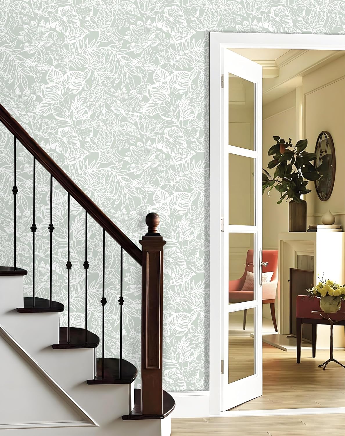 CiCiwind Peel and Stick Wallpaper Green and White Floral Removable Self Adhesive Modern Contact Paper Tropical Leaf Wall Paper Bathroom Bedroom Laundry Room Papel Tapiz para Pared 17.3"×78.7"
