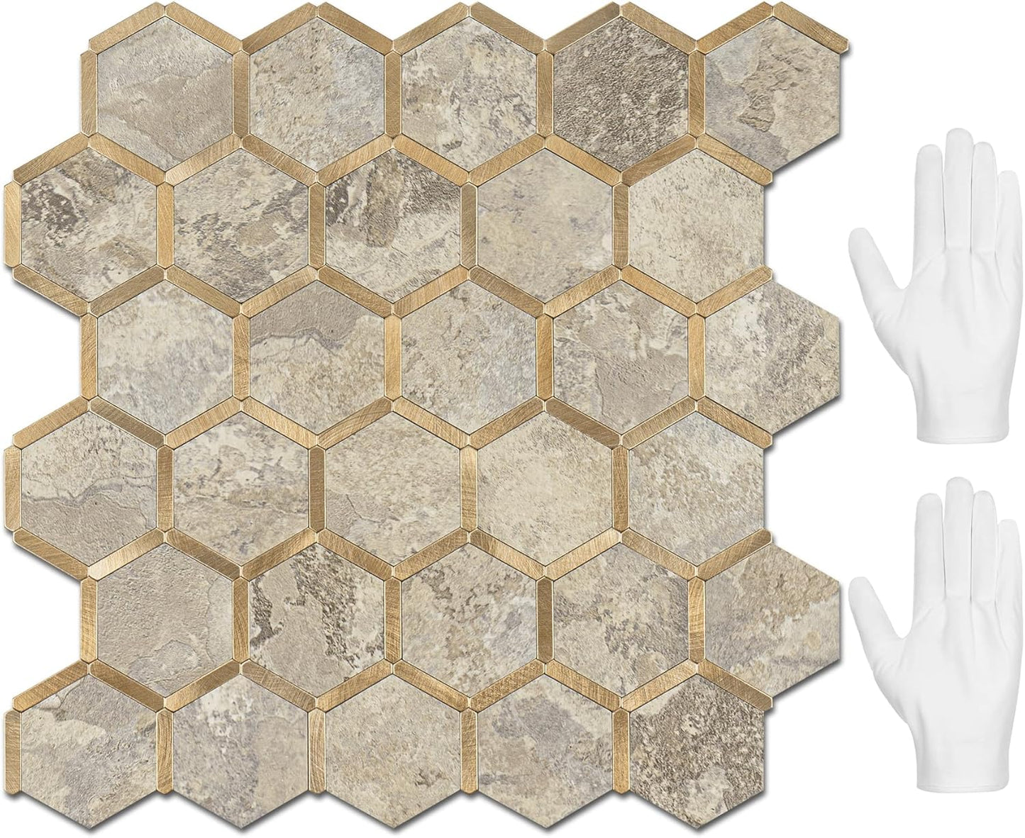STICKGOO Hexagon Peel and Stick Backsplash Tile, Stick on Backsplash for Kitchen and Bathroom, Beige Marble Look PVC Mixed Metal Gold Self Adhesive Wall Tiles(10 Sheets, Seamless)