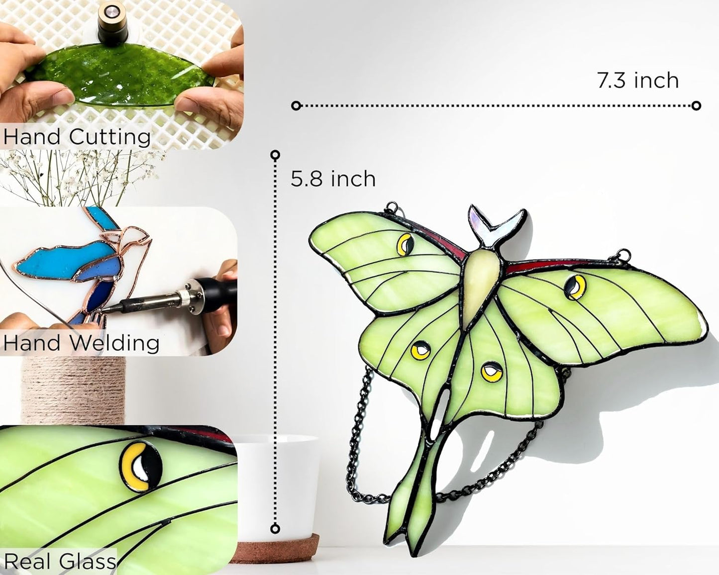 Green Luna Moth Stained Glass Window Hanging - Handmade Real Glass Suncatcher for Women, Mom, Grandma - Elegant Green Butterfly Gifts Box Home Decor (H5.8xW7.3 Inch)