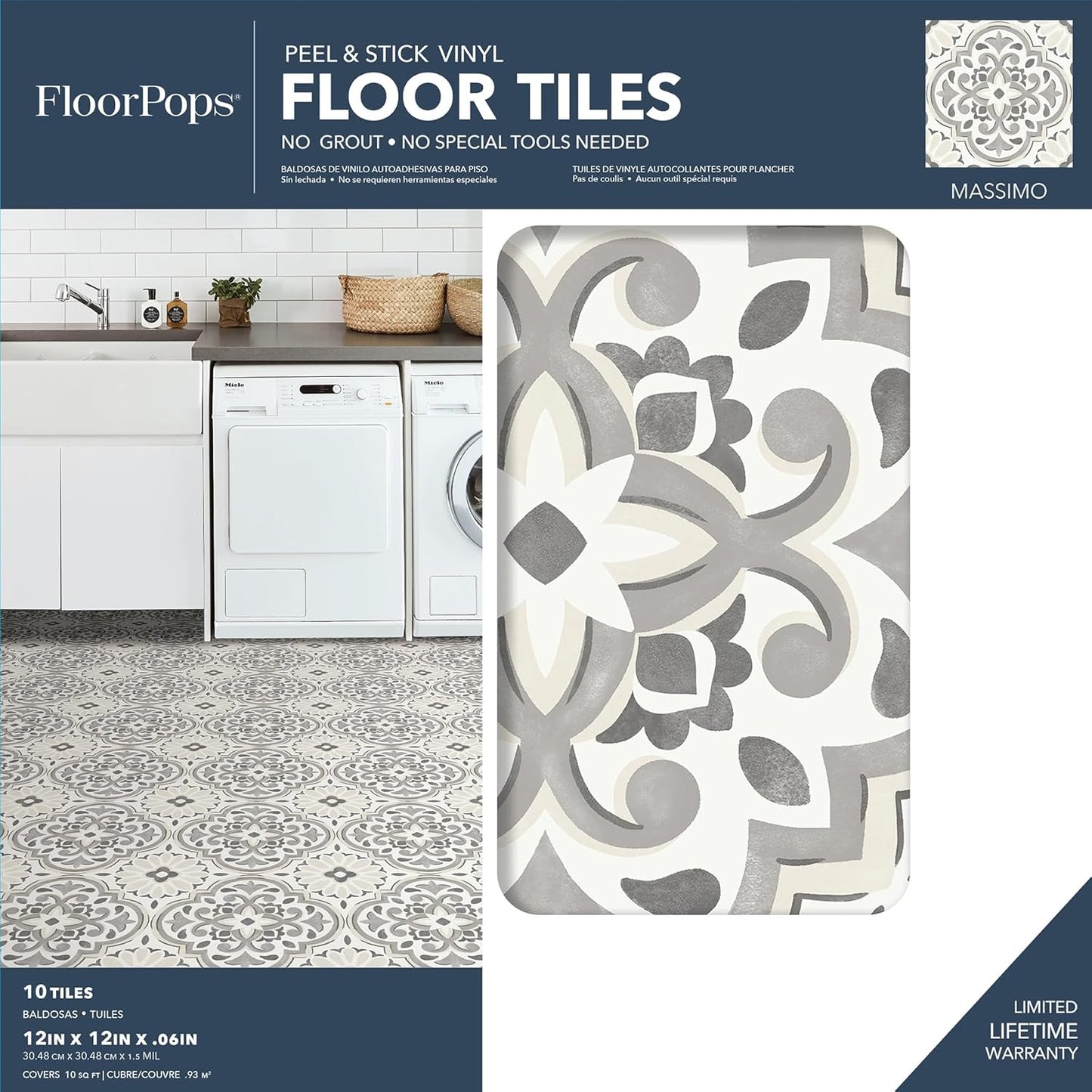 FloorPops Massimo Peel & Stick Floor Tiles, Gray
