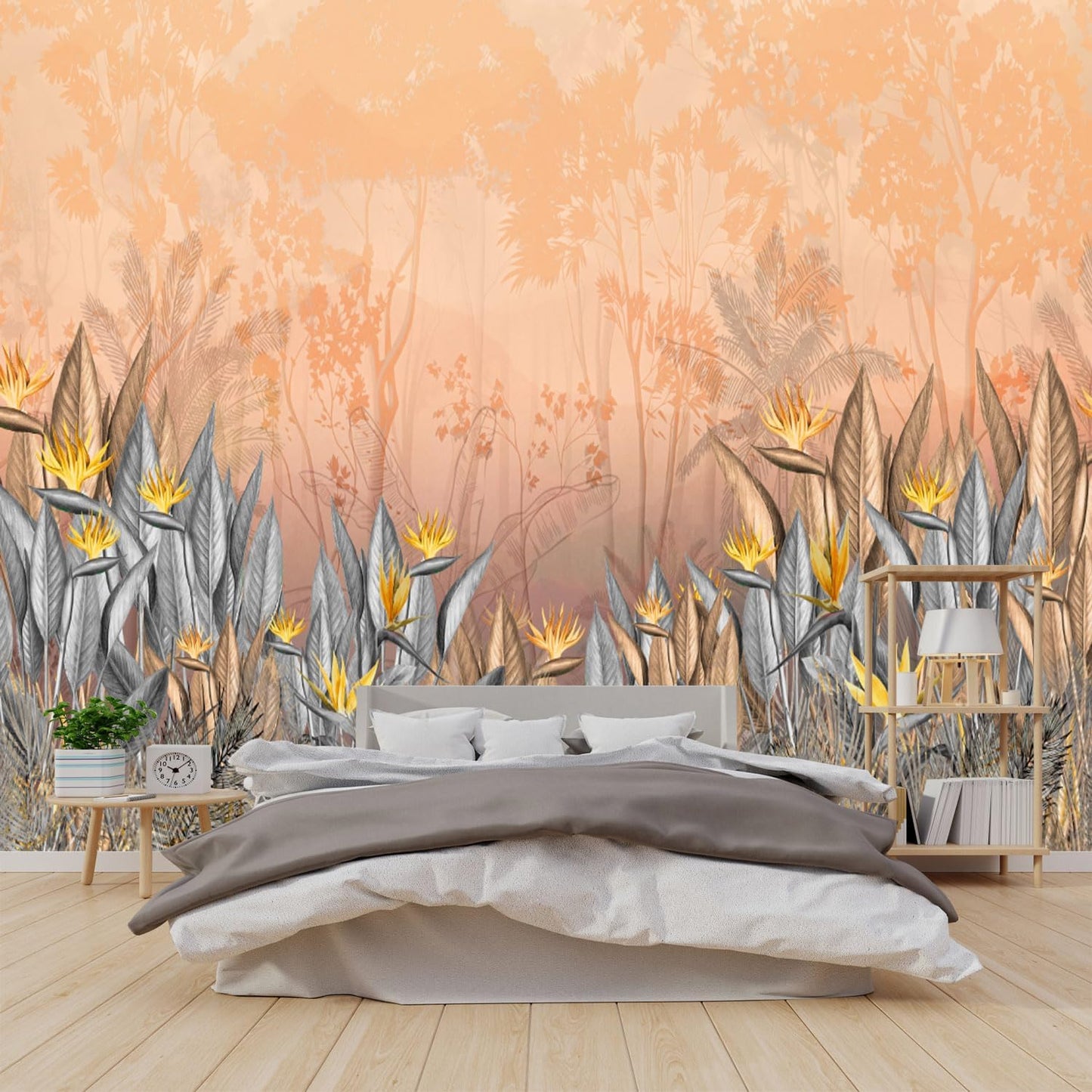 Grey Gold Forest Wallpaper, Beautiful Ink Charm, Mountain Forest, Freehand Bedroom Background Mural(Non-self-Adhesive Wall Stickers)