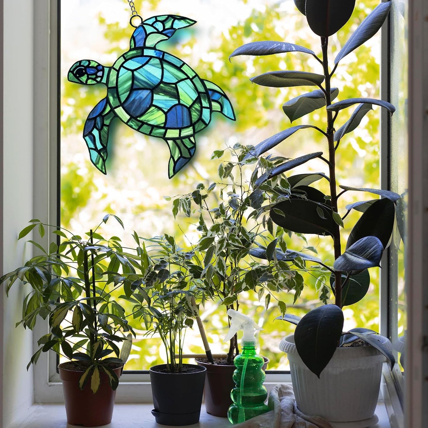Sea Turtle Suncatcher Decor, Sea Turtles Stained Glass Window Hanging for Turtle Lovers, Wall Decor for Indoor Outdoor.