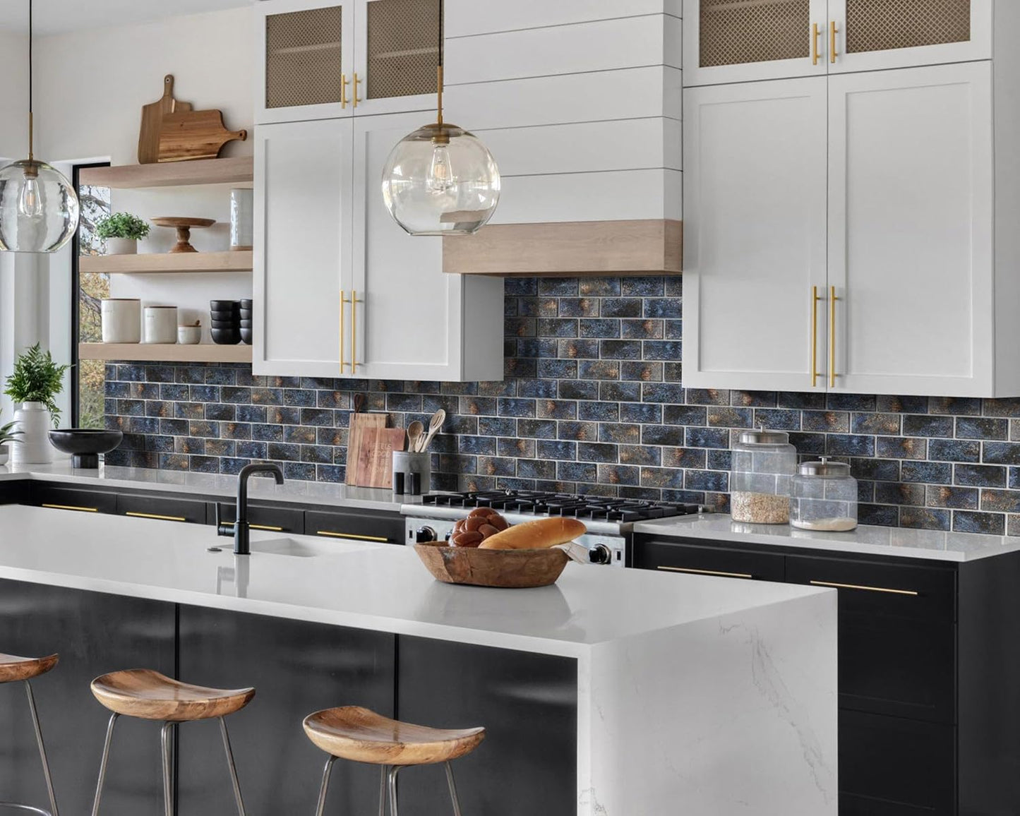 Blujellyfish Glass Subway Tile 3x6 Inch Antique Blue Tiles for Kitchen Backsplash Bathroom Accent Wall Glass Mosaic Tile (Pack of 20)
