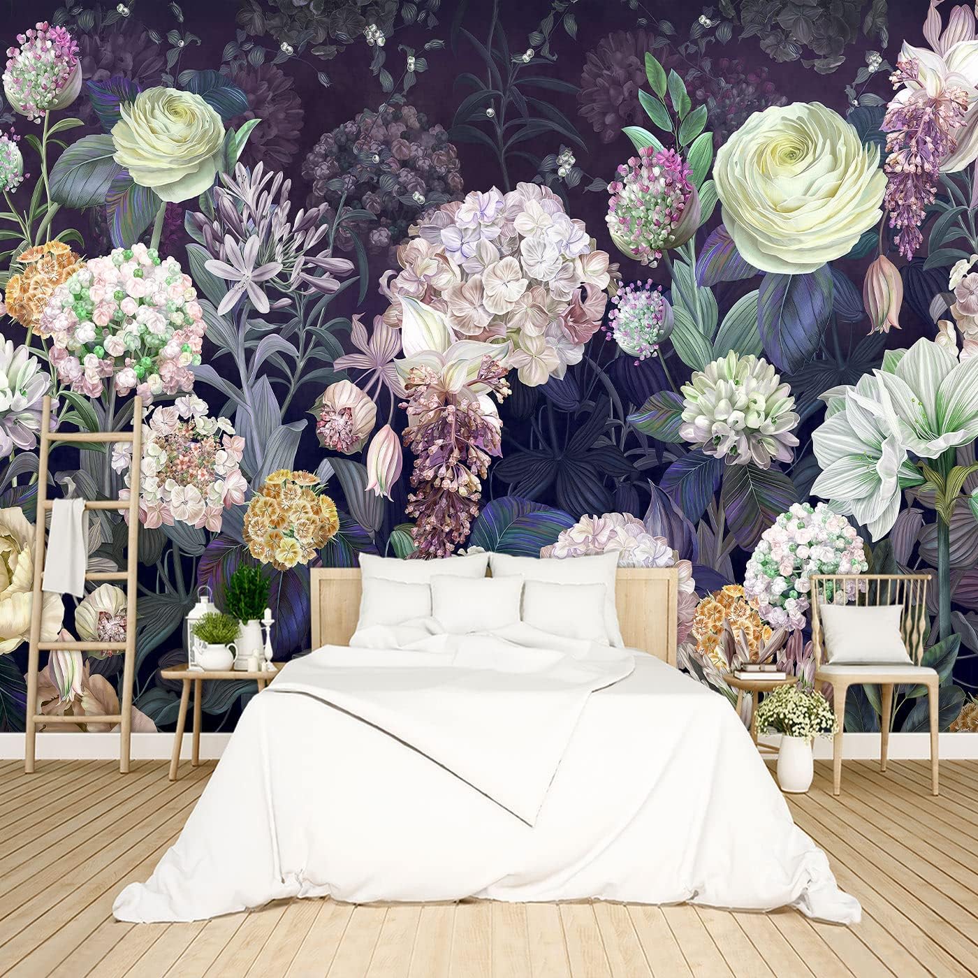 Grey Peony Floral Wallpaper Bedroom Black and White Botanical Flowers Leaf murals Aesthetic Room Decor Living Room tv Background Large Wall Mural - 91"x65" Not Peel and Stick