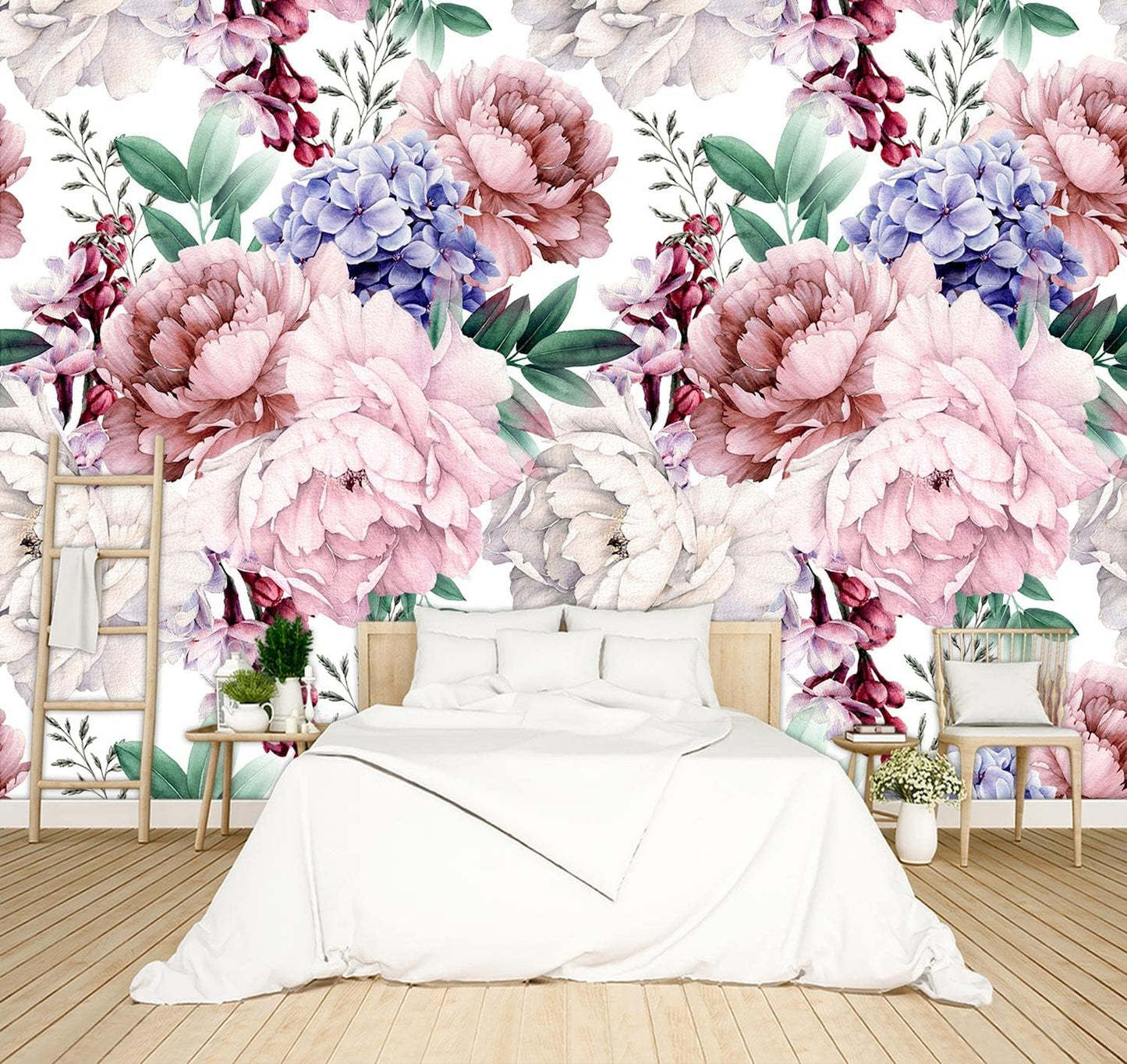 Grey Peony Floral Wallpaper Bedroom Black and White Botanical Flowers Leaf murals Aesthetic Room Decor Living Room tv Background Large Wall Mural - 91"x65" Not Peel and Stick
