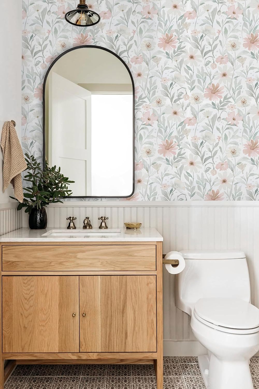 CiCiwind Pink Floral Peel and Stick Wallpaper Farmhouse Removable Self Adhesive Modern Wall Paper for Bedroom Bathroom Light Green Leaf Contact Paper for Cabinets Shelf Drawer 17.3" × 78.7"