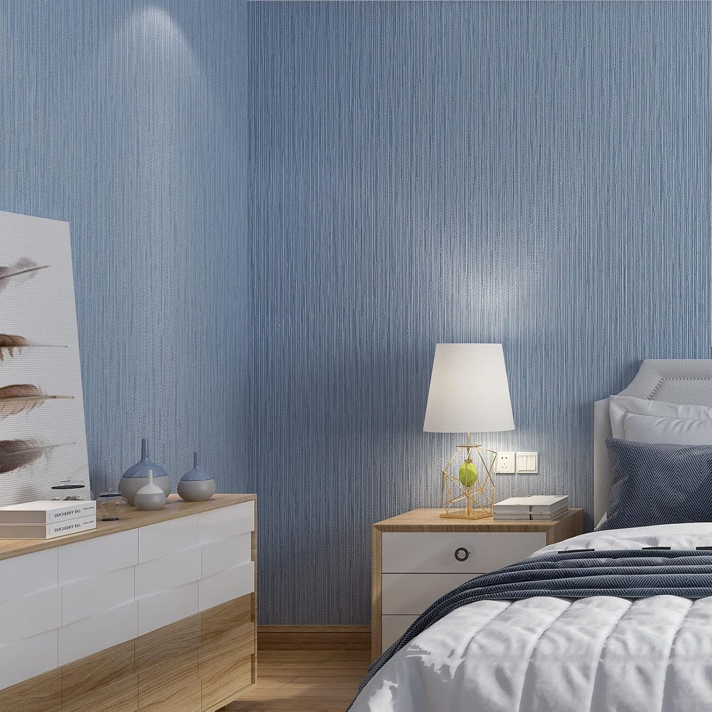 Haimin Grasscloth Wallpaper Textured 24in X 393in Fabric Contact Paper Grey Blue Wall Paper Textured Linen Peel and Stick Self-Adhesive Thick Vinyl Embossed Film Wallpaper (Gray Blue)