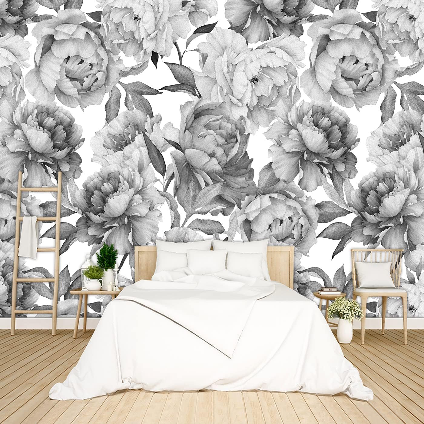 Grey Peony Floral Wallpaper Bedroom Black and White Botanical Flowers Leaf murals Aesthetic Room Decor Living Room tv Background Large Wall Mural - 91"x65" Not Peel and Stick