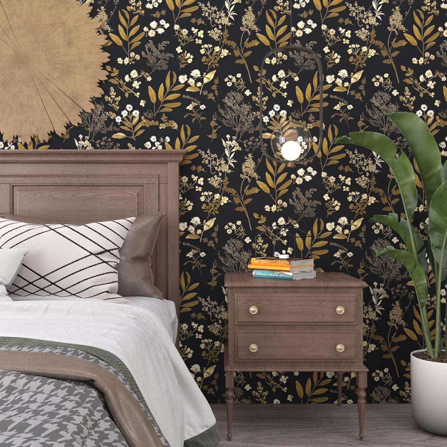 Goth Wallpaper Peel and Stick Dark Floral Wallpaper 17.5'' x 393'' Gold Leaf Contact Paper Vinyl Waterproof Self Adhesive Boho Botanical Wall Paper for Bedroom Cabinet Décor