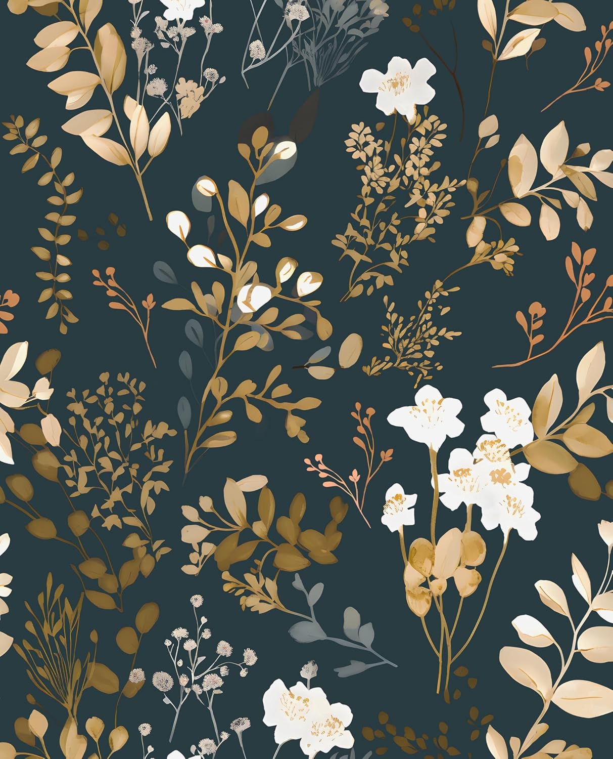 Goth Wallpaper Peel and Stick Dark Floral Wallpaper 17.5'' x 393'' Gold Leaf Contact Paper Vinyl Waterproof Self Adhesive Boho Botanical Wall Paper for Bedroom Cabinet Décor