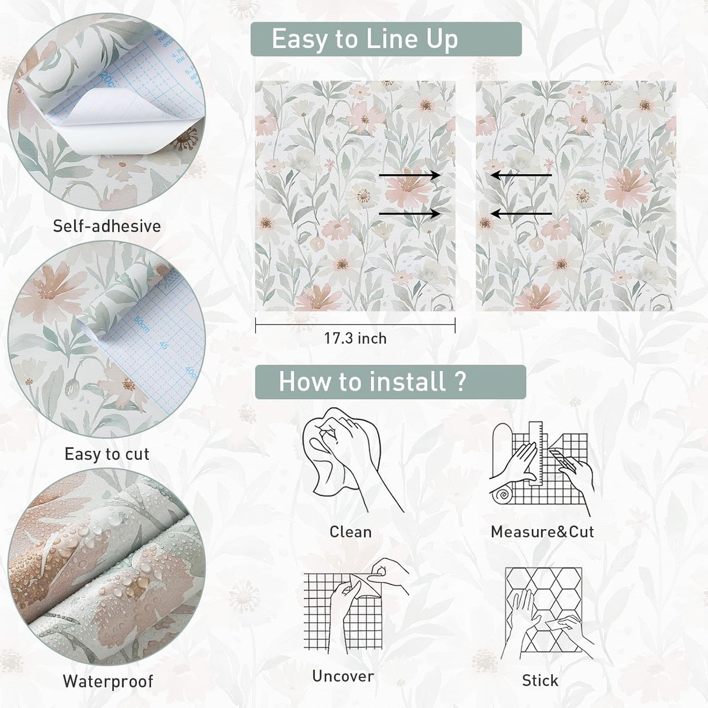 CiCiwind Pink Floral Peel and Stick Wallpaper Farmhouse Removable Self Adhesive Modern Wall Paper for Bedroom Bathroom Light Green Leaf Contact Paper for Cabinets Shelf Drawer 17.3" × 78.7"