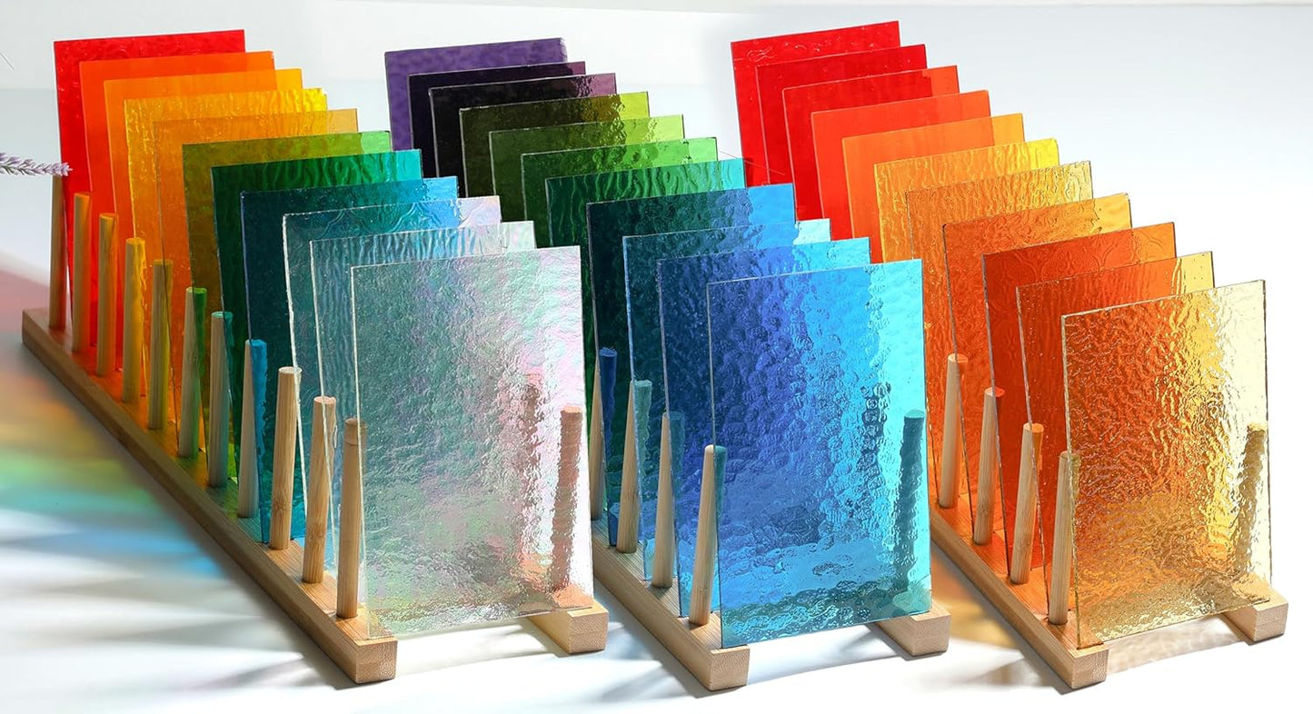 Lanyani 26 Sheets Sparkly Iridescent Stained Glass Sheets Variety Assortment Pack, Opaque Shimmery Art Glass Sheets for Mosaic DIY Glass Crafts,4x6 inches