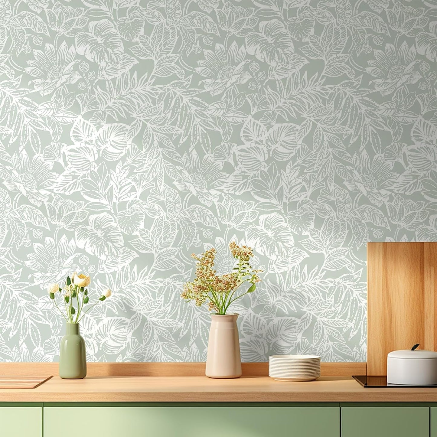 CiCiwind Peel and Stick Wallpaper Green and White Floral Removable Self Adhesive Modern Contact Paper Tropical Leaf Wall Paper Bathroom Bedroom Laundry Room Papel Tapiz para Pared 17.3"×78.7"