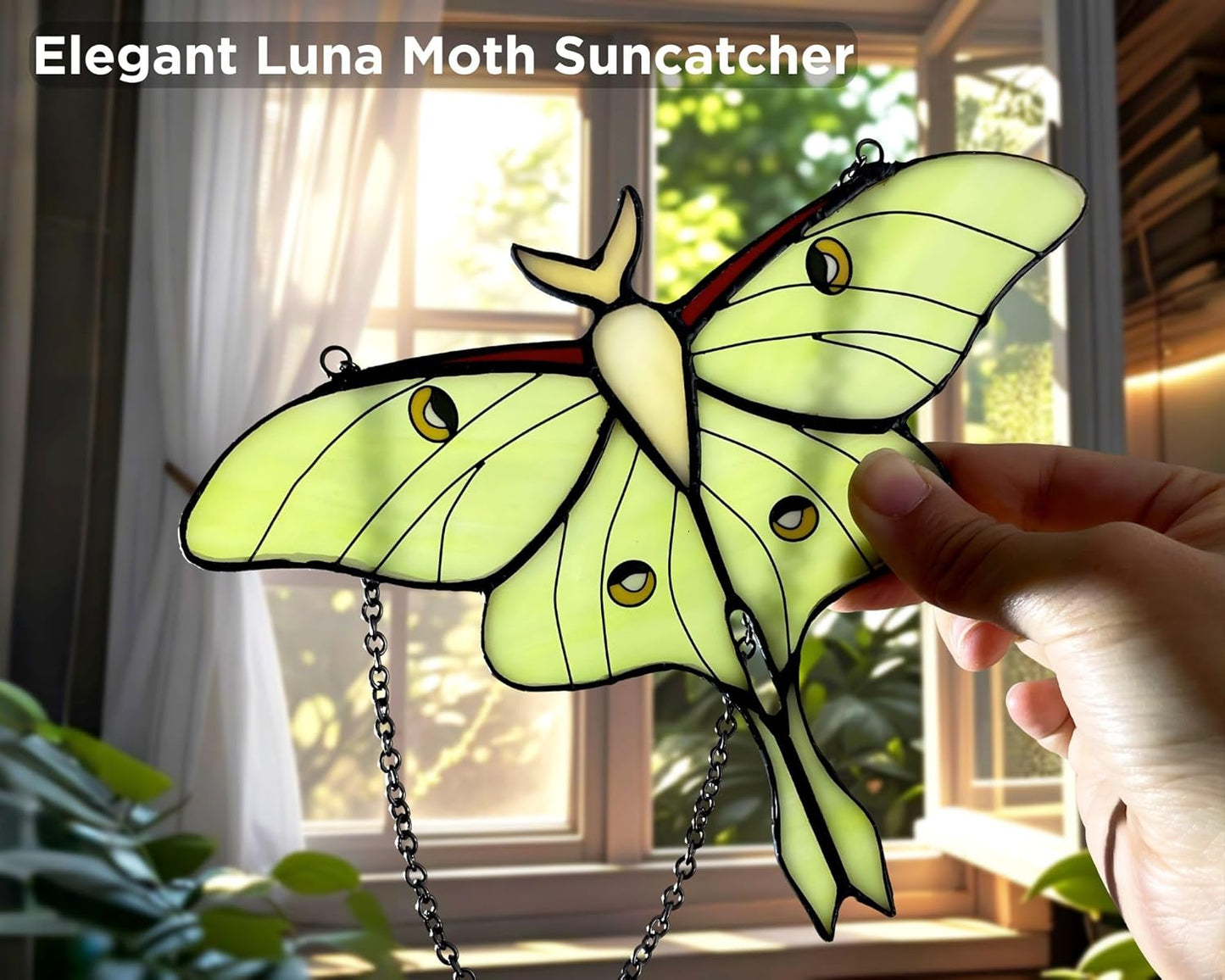 Green Luna Moth Stained Glass Window Hanging - Handmade Real Glass Suncatcher for Women, Mom, Grandma - Elegant Green Butterfly Gifts Box Home Decor (H5.8xW7.3 Inch)