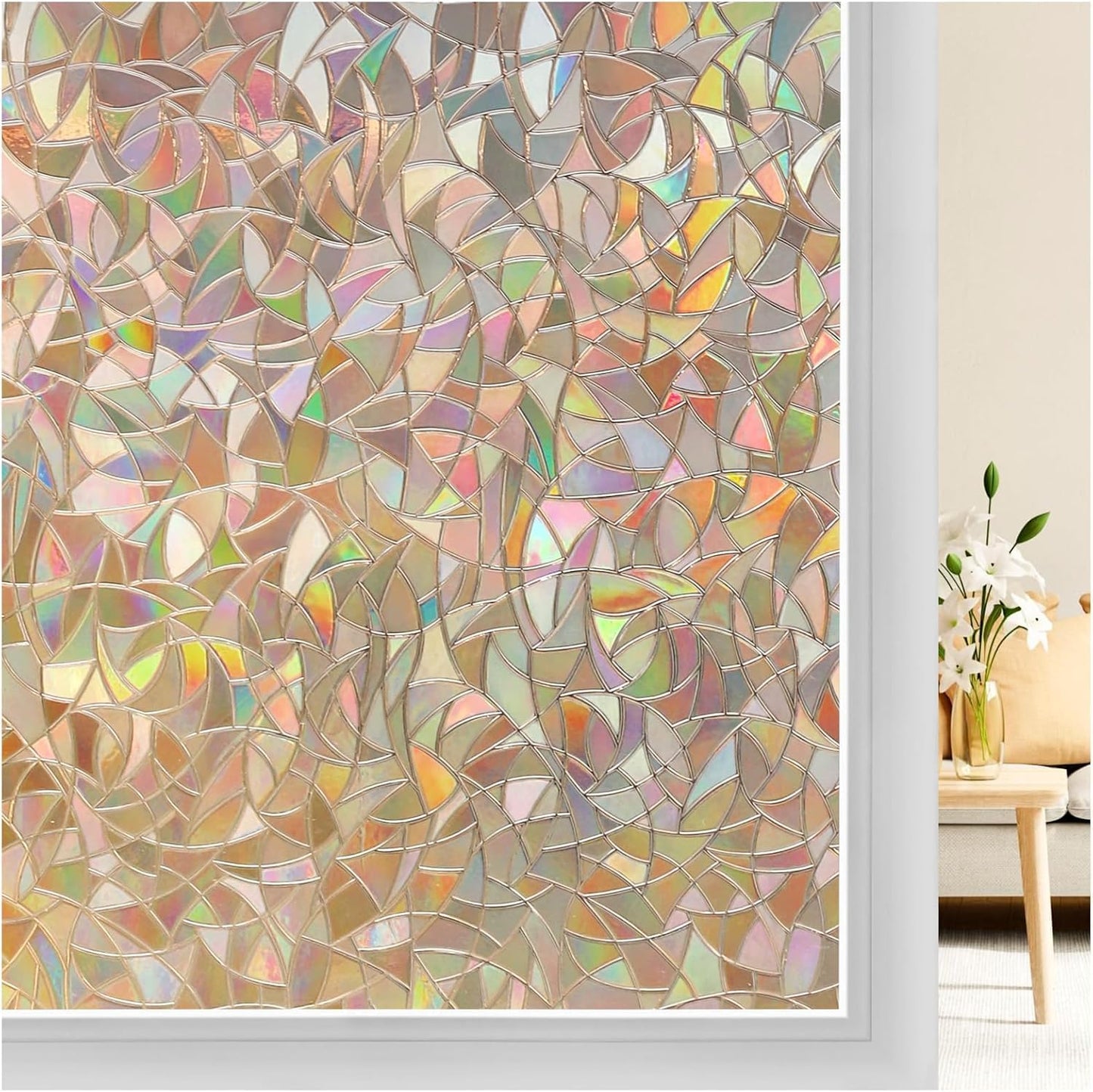 rabbitgoo Window Privacy Film Rainbow Film Decorative Window Sticker, 3D Static Stained Glass Cling Tint for Home Heat Control Non-Adhesive, 17.5 x 78.7 inches