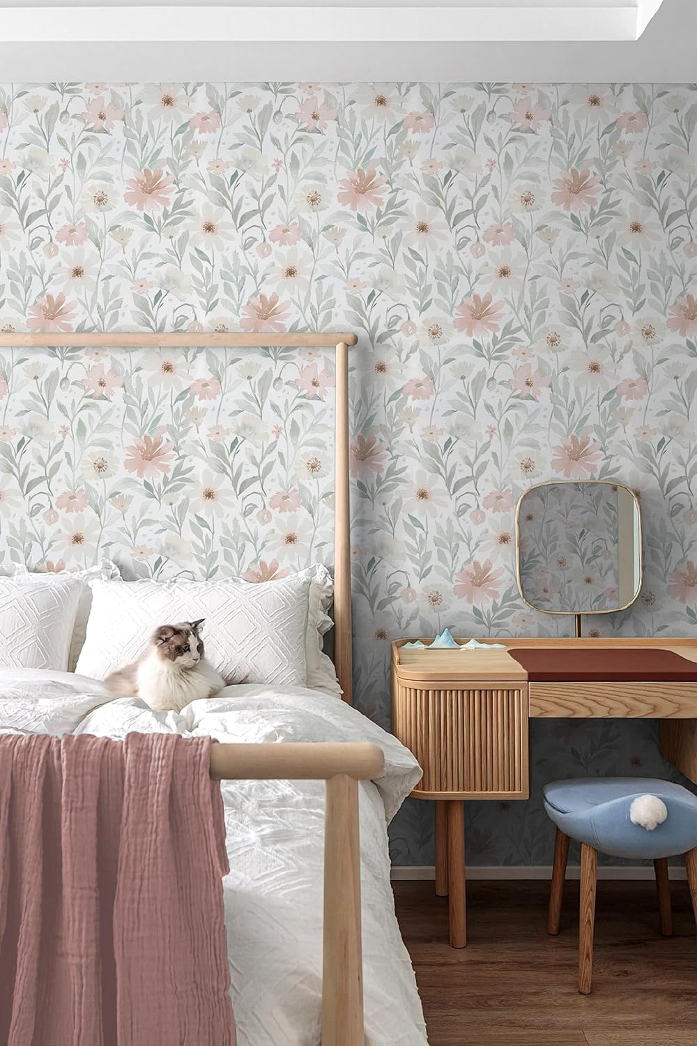 CiCiwind Pink Floral Peel and Stick Wallpaper Farmhouse Removable Self Adhesive Modern Wall Paper for Bedroom Bathroom Light Green Leaf Contact Paper for Cabinets Shelf Drawer 17.3" × 78.7"