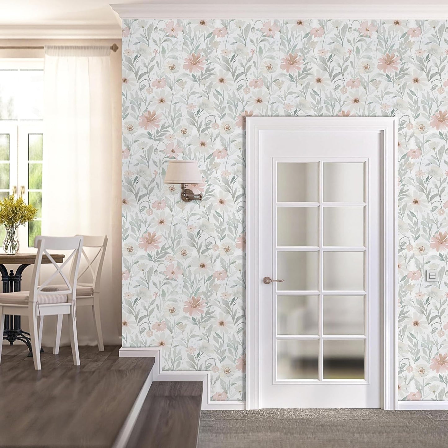 CiCiwind Pink Floral Peel and Stick Wallpaper Farmhouse Removable Self Adhesive Modern Wall Paper for Bedroom Bathroom Light Green Leaf Contact Paper for Cabinets Shelf Drawer 17.3" × 78.7"
