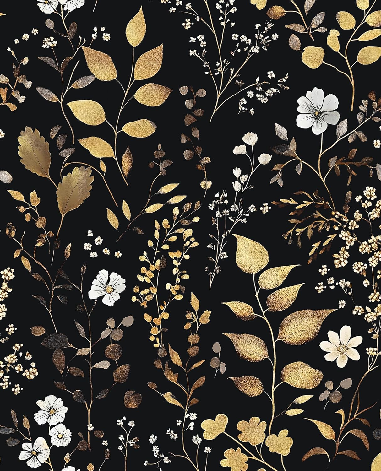 Goth Wallpaper Peel and Stick Dark Floral Wallpaper 17.5'' x 393'' Gold Leaf Contact Paper Vinyl Waterproof Self Adhesive Boho Botanical Wall Paper for Bedroom Cabinet Décor