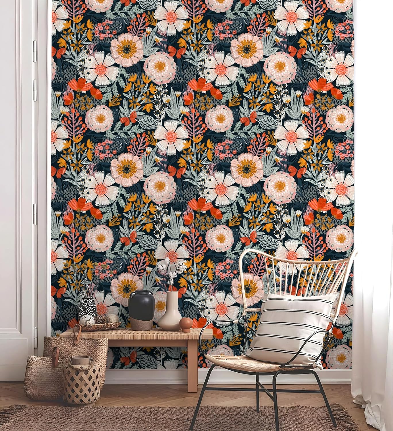 HAOKHOME Boho Peel and Stick Wallpaper Floral Wall Paper Removable for Bedroom Navy/Pink/Orange Contact Paper 17.3in x 32.8ft