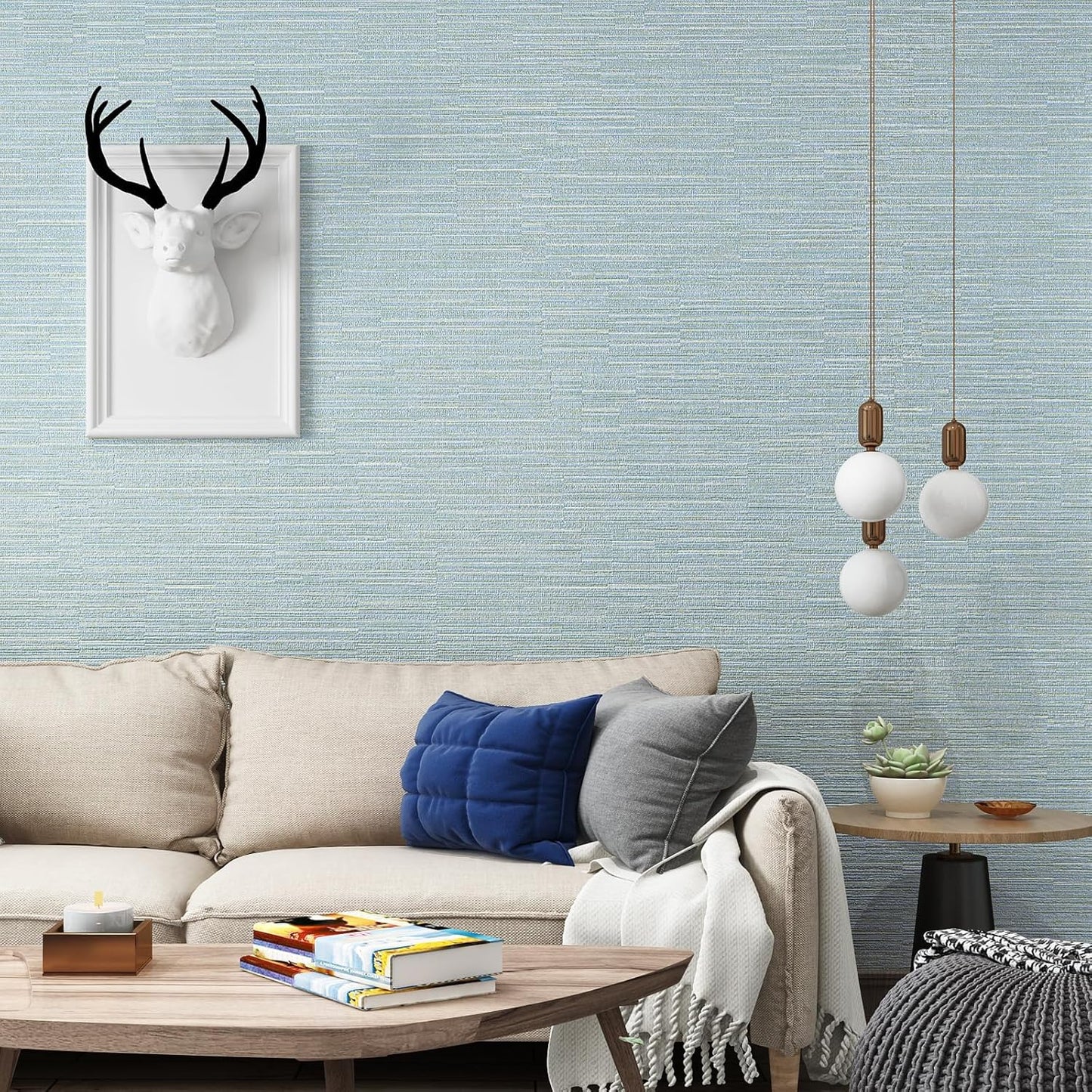 Haimin Grasscloth Wallpaper Peel and Stick 20.9in X 393in Fabric Contact Paper Wall Paper Textured Wallpaper Horizontal Stripes Look Self-Adhesive Thick Vinyl Embossed (Light Blue)