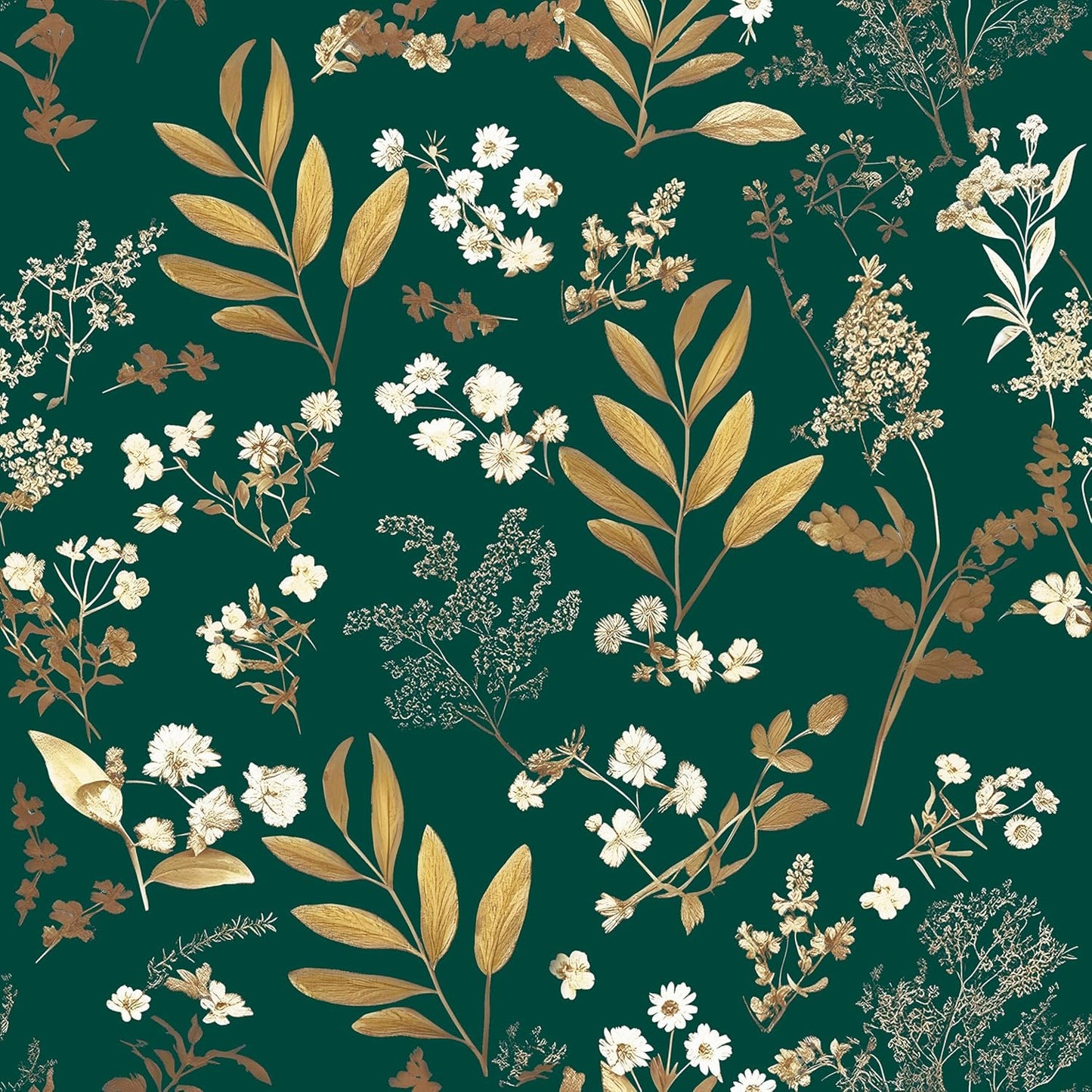 Goth Wallpaper Peel and Stick Dark Floral Wallpaper 17.5'' x 393'' Gold Leaf Contact Paper Vinyl Waterproof Self Adhesive Boho Botanical Wall Paper for Bedroom Cabinet Décor