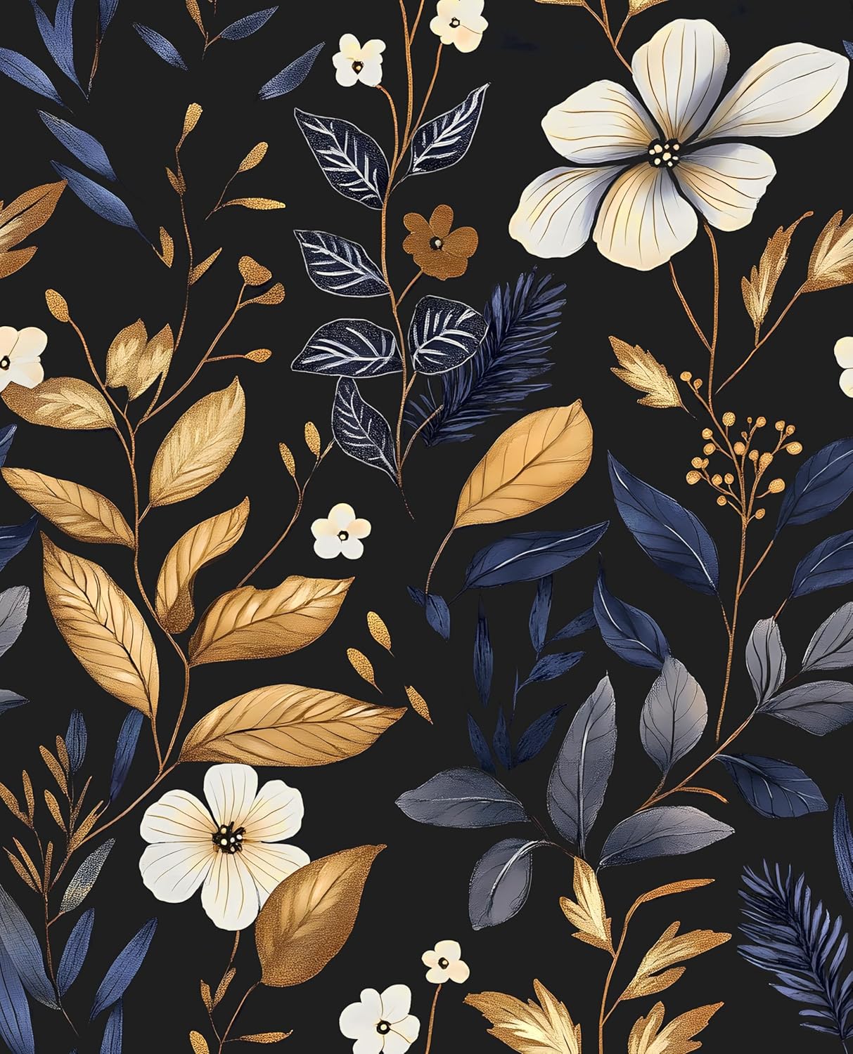 Goth Wallpaper Peel and Stick Dark Floral Wallpaper 17.5'' x 393'' Gold Leaf Contact Paper Vinyl Waterproof Self Adhesive Boho Botanical Wall Paper for Bedroom Cabinet Décor