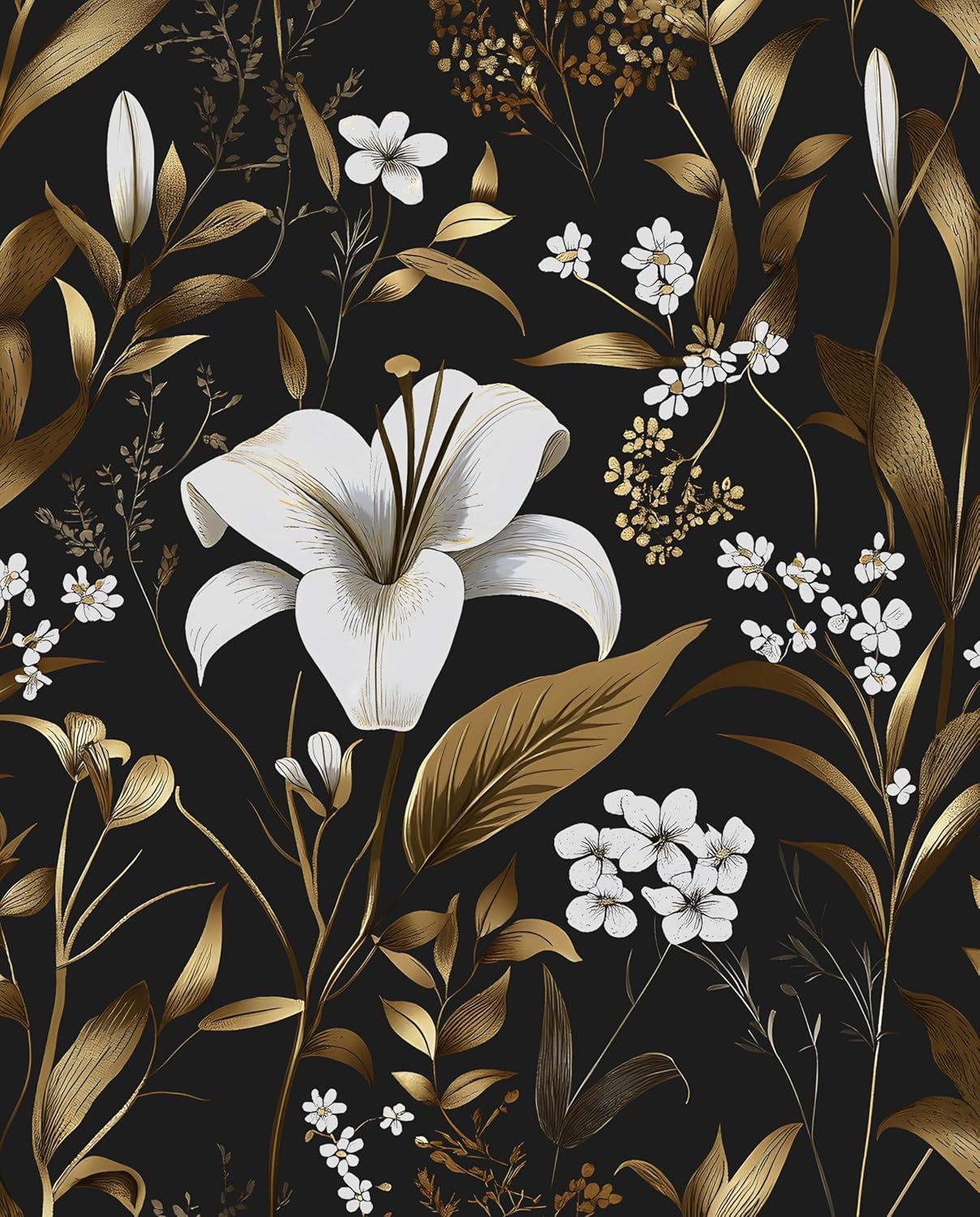 Goth Wallpaper Peel and Stick Dark Floral Wallpaper 17.5'' x 393'' Gold Leaf Contact Paper Vinyl Waterproof Self Adhesive Boho Botanical Wall Paper for Bedroom Cabinet Décor