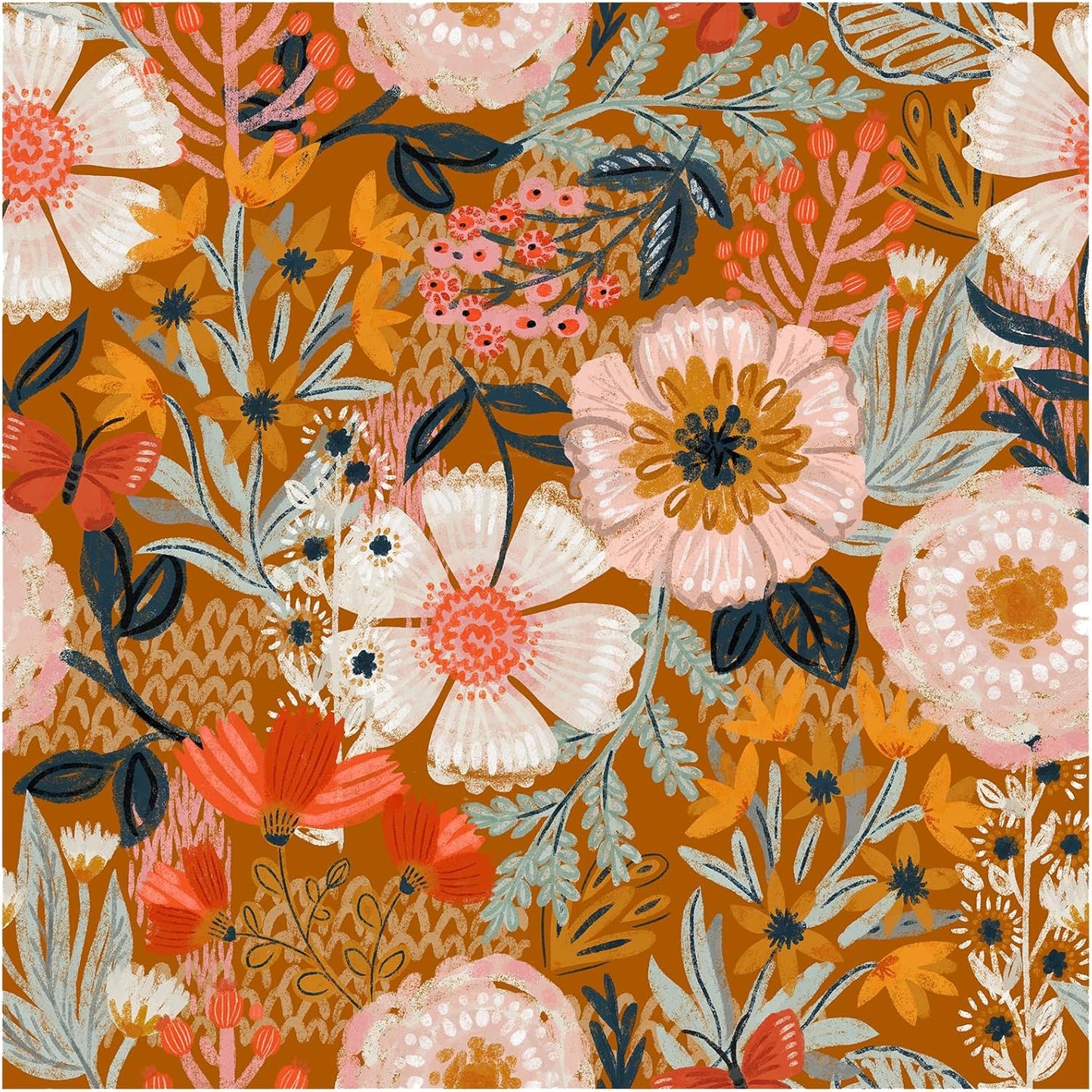 HAOKHOME Boho Peel and Stick Wallpaper Floral Wall Paper Removable for Bedroom Navy/Pink/Orange Contact Paper 17.3in x 32.8ft