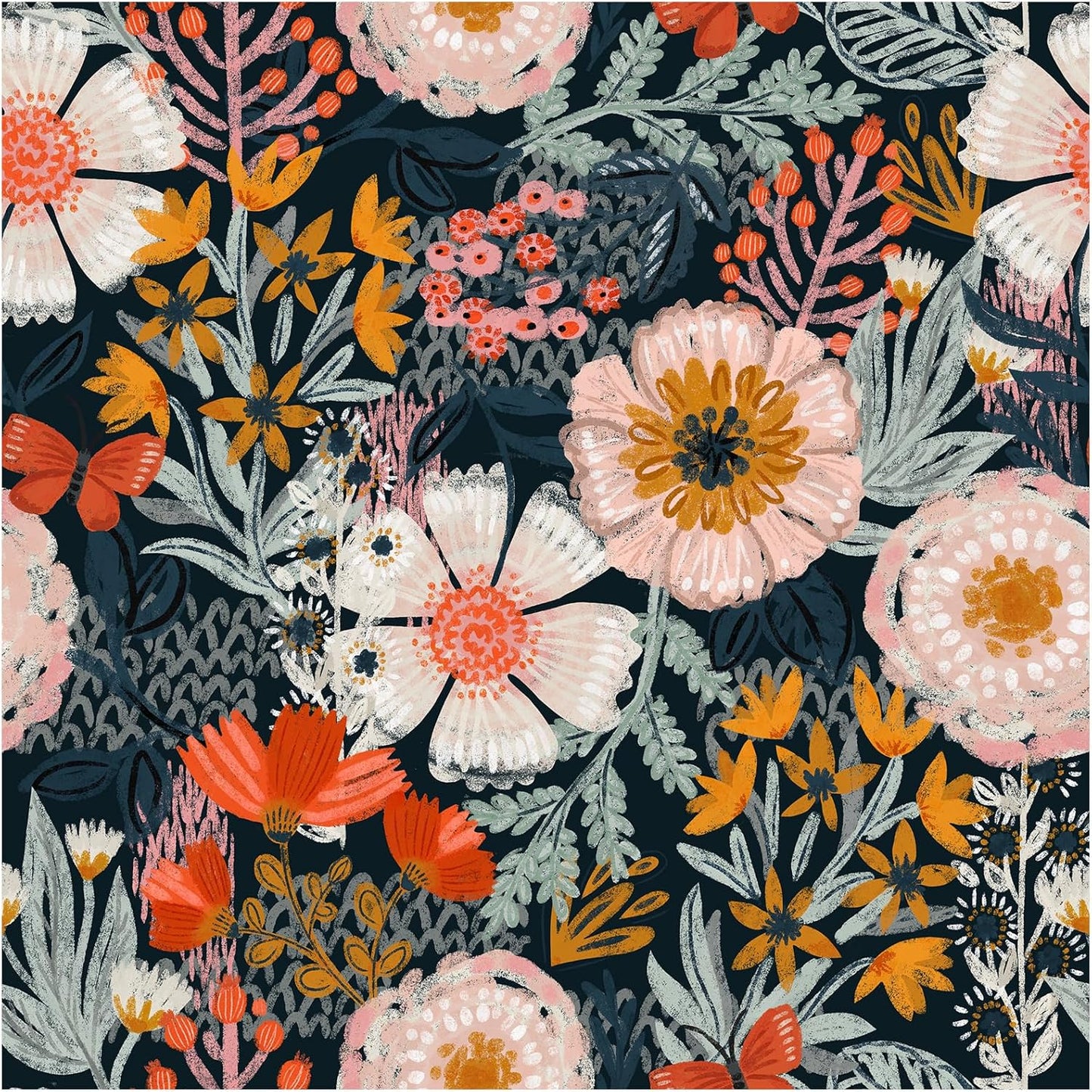 HAOKHOME Boho Peel and Stick Wallpaper Floral Wall Paper Removable for Bedroom Navy/Pink/Orange Contact Paper 17.3in x 32.8ft