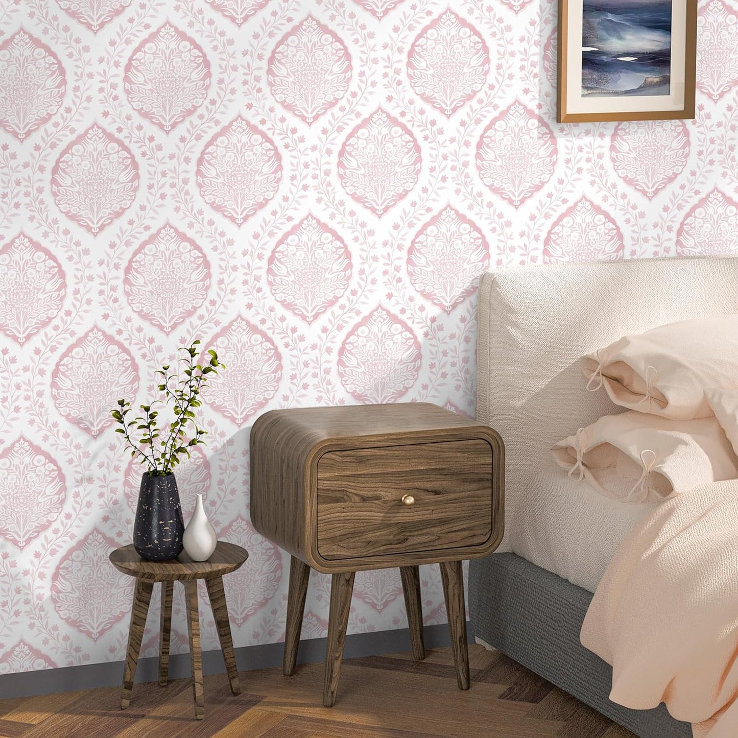 CiCiwind Pink Floral Peel and Stick Wallpaper Farmhouse Removable Self Adhesive Modern Wall Paper for Bedroom Bathroom Light Green Leaf Contact Paper for Cabinets Shelf Drawer 17.3" × 78.7"
