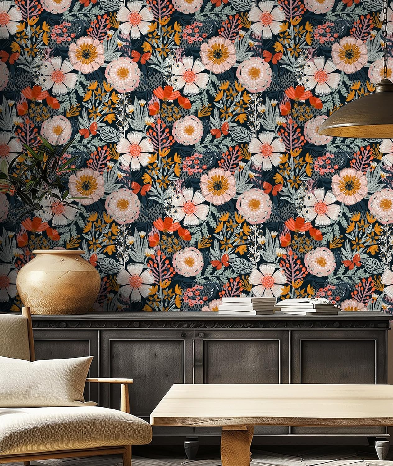 HAOKHOME Boho Peel and Stick Wallpaper Floral Wall Paper Removable for Bedroom Navy/Pink/Orange Contact Paper 17.3in x 32.8ft