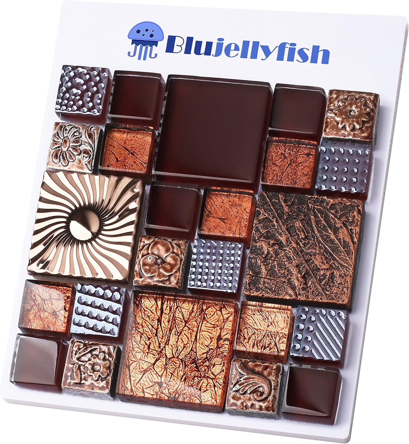 Blujellyfish Red Wine Colors Glass Tile 2'' x 2'' Leaf Carving Imprints Antique Mosaics Textured Rose Gold Metal Kitchen Bathroom Walls Backsplash Tiles (Pack of 5 Square Feet)