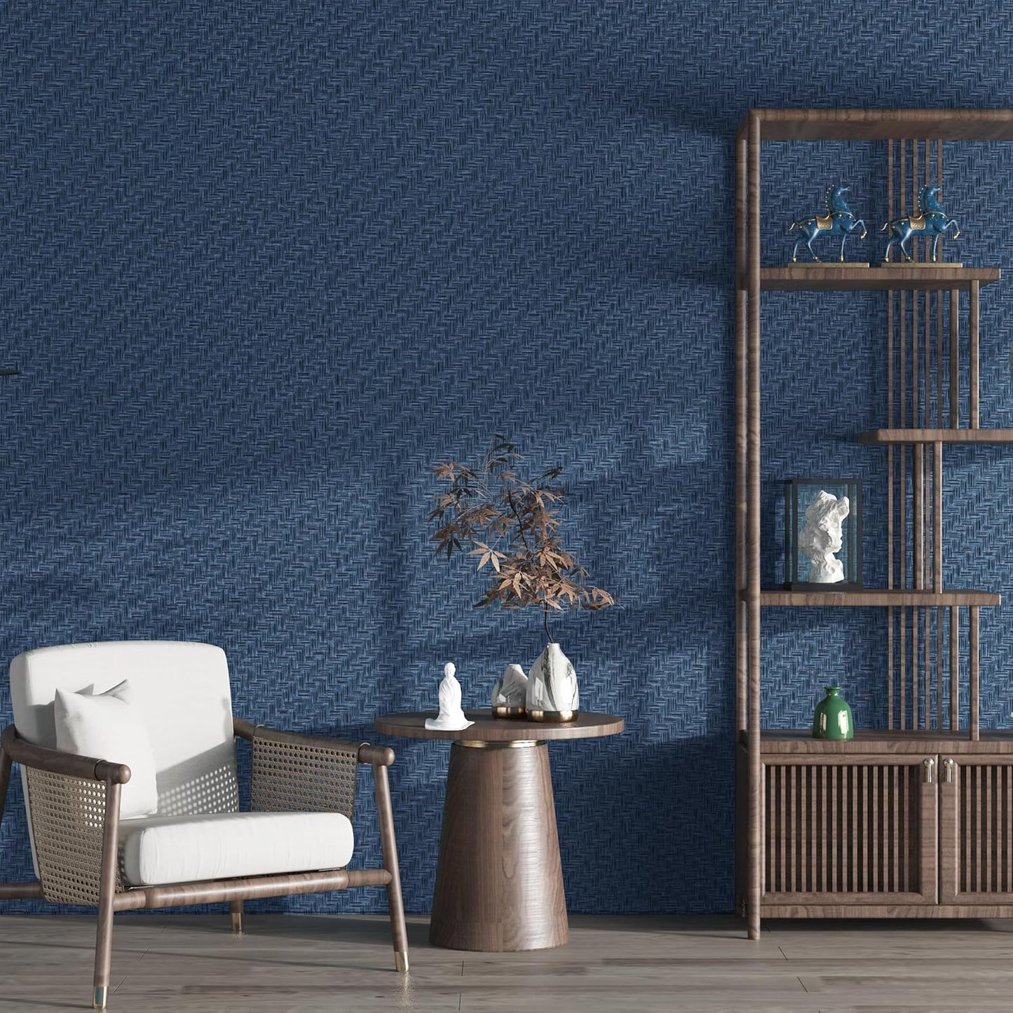 Haimin Fabric Wallpaper Textured Contact Paper (24in X 393in) Navy Blue Grasscloth Wallpaper Peel and Stick Faux Linen Wall Paper Self-Adhesive Vinyl Looks Like Woven Straw