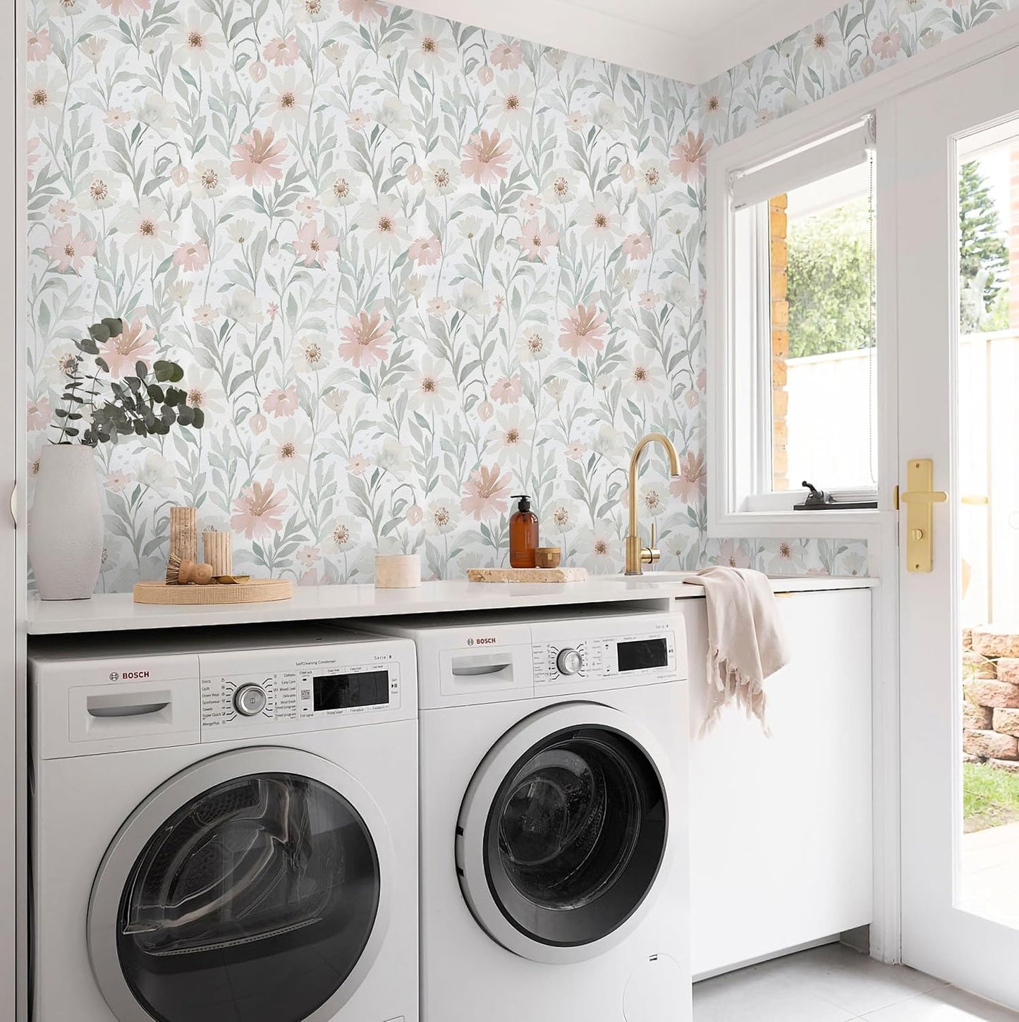 CiCiwind Pink Floral Peel and Stick Wallpaper Farmhouse Removable Self Adhesive Modern Wall Paper for Bedroom Bathroom Light Green Leaf Contact Paper for Cabinets Shelf Drawer 17.3" × 78.7"