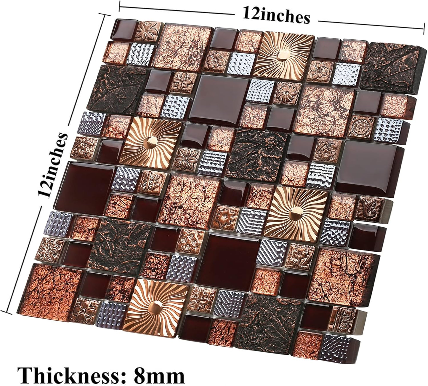 Blujellyfish Red Wine Colors Glass Tile 2'' x 2'' Leaf Carving Imprints Antique Mosaics Textured Rose Gold Metal Kitchen Bathroom Walls Backsplash Tiles (Pack of 5 Square Feet)