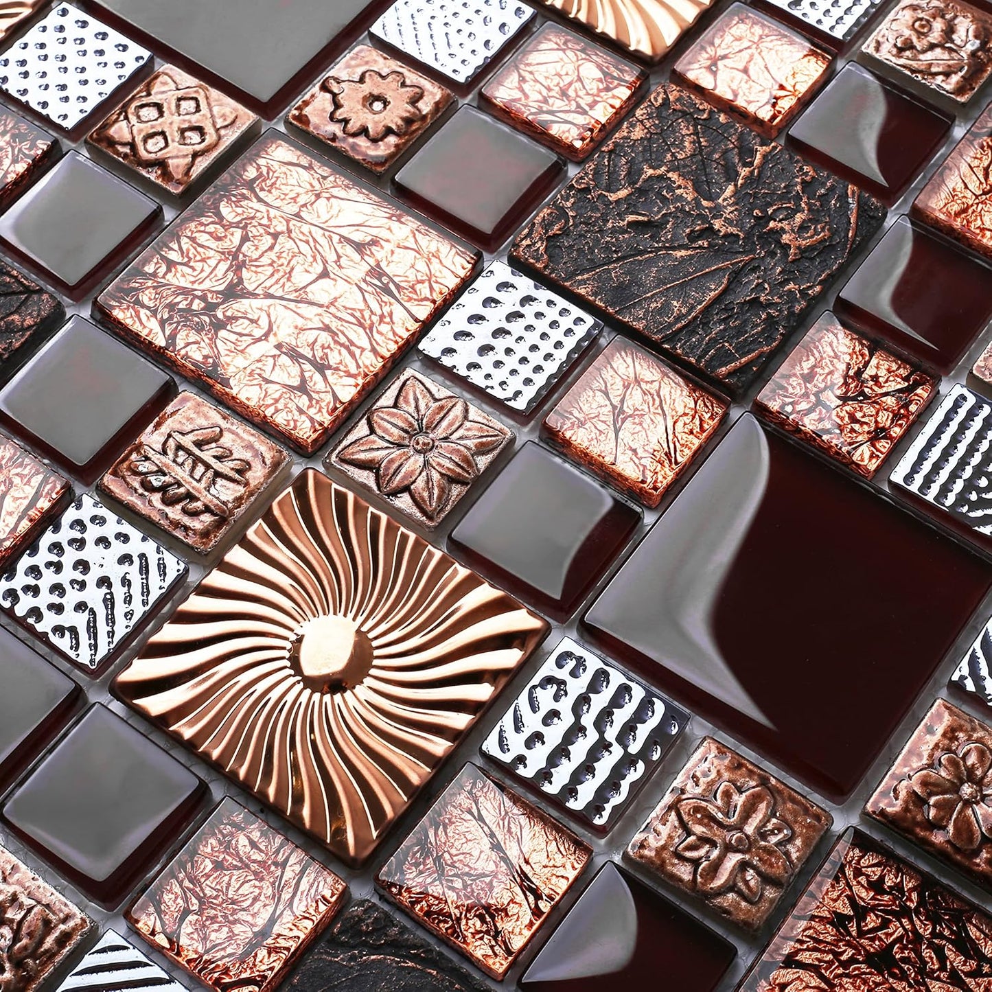 Blujellyfish Red Wine Colors Glass Tile 2'' x 2'' Leaf Carving Imprints Antique Mosaics Textured Rose Gold Metal Kitchen Bathroom Walls Backsplash Tiles (Pack of 5 Square Feet)