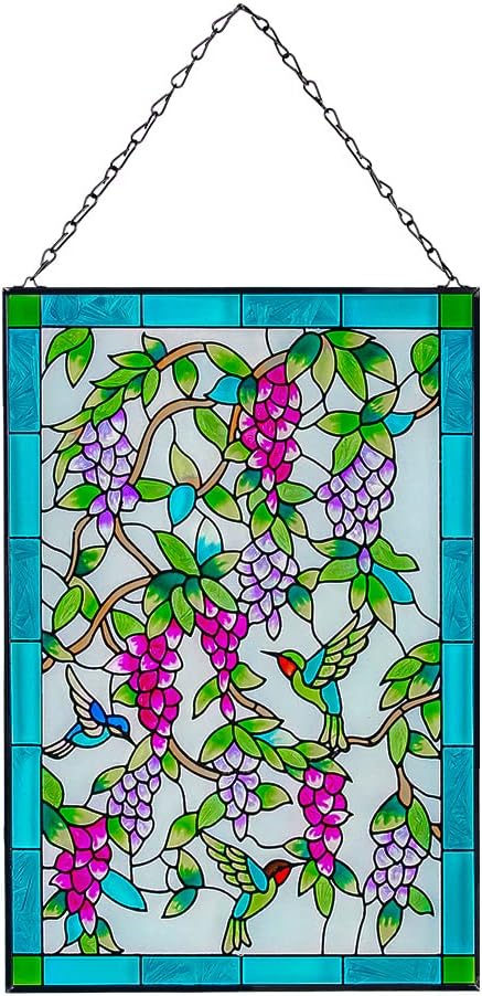 Viveta Hummingbird Stained Glass Window Hanging, Window Suncatchers with Chain, Bird and Flowers Stained Glass Panels for Windows Home Wall Art Decor(Rectangular 15 * 10")