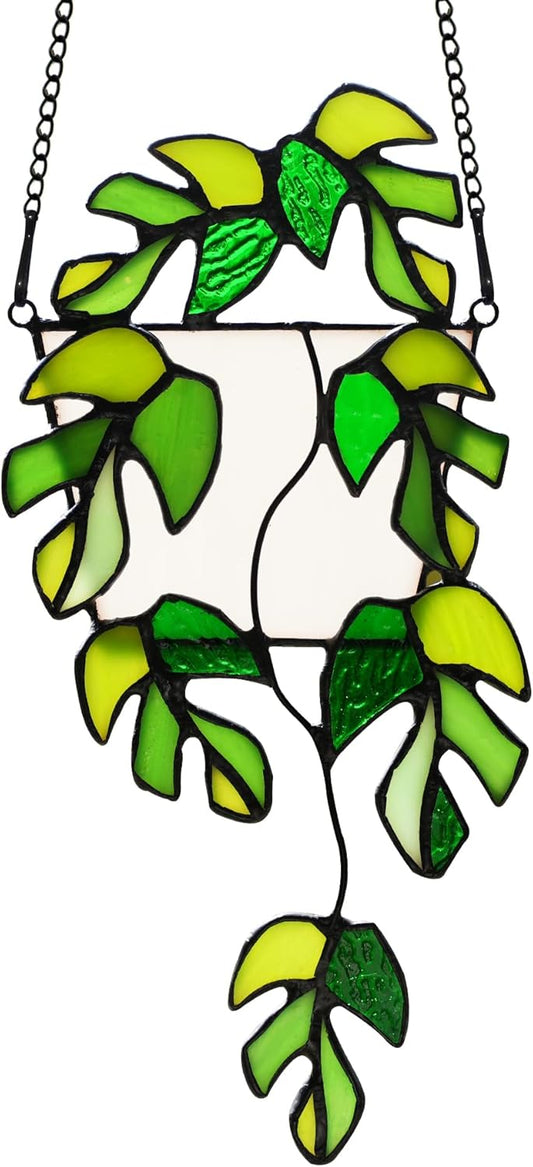 BOXCASA Stained Glass Window Hanging - Handmade Monstera Leaf Suncatcher for Plant Lovers,Plant Gifts for Women,Grandma,Mother's Day,Christmas