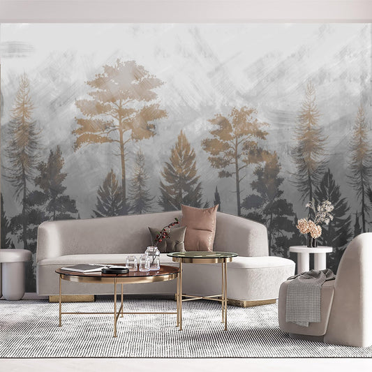 Grey Gold Forest Wallpaper, Beautiful Ink Charm, Mountain Forest, Freehand Bedroom Background Mural（Non-self-Adhesive Wall Stickers）