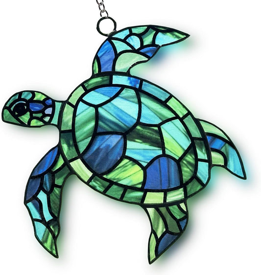 Sea Turtle Suncatcher Decor, Sea Turtles Stained Glass Window Hanging for Turtle Lovers, Wall Decor for Indoor Outdoor.