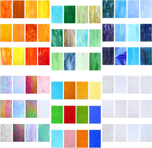 Nuanchu 72 Sheets Variety Stained Glass Sheets Pack 4 x 6 Inch Cathedral Art Glass Supplies Mosaic Tiles Transparent Iridescent Streaky 6 Color Schemes for Crafts Bright Color for DIY Home