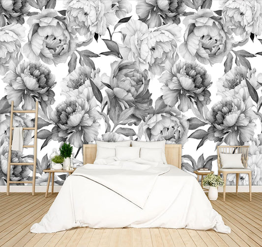 Grey Peony Floral Wallpaper Bedroom Black and White Botanical Flowers Leaf murals Aesthetic Room Decor Living Room tv Background Large Wall Mural - 91"x65" Not Peel and Stick